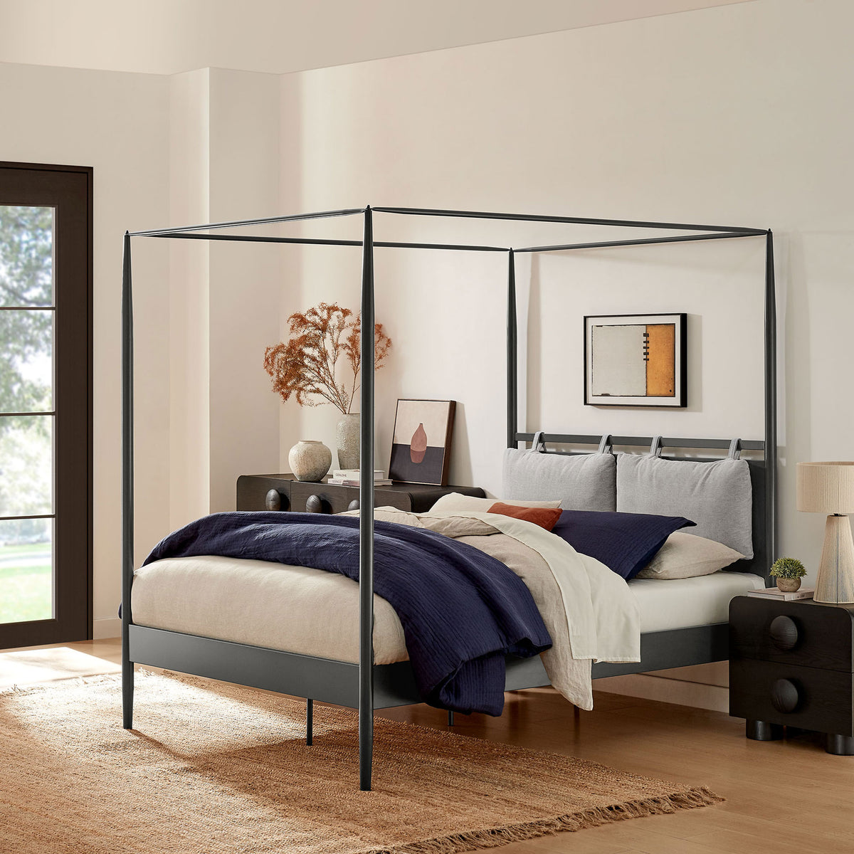 Contemporary bedroom featuring the canopy bed with layered bedding and neutral accents || MOD-7224-CHA-NPT || front_angle_room