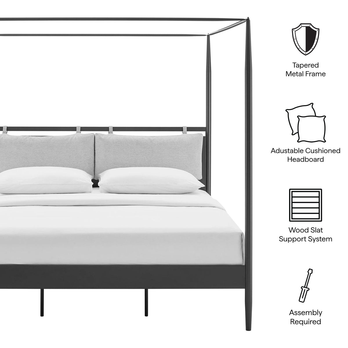 Key details: tapered frame, adjustable cushioned headboard, wood slat system, and easy assembly || MOD-7224-CHA-NPT || callout_studio