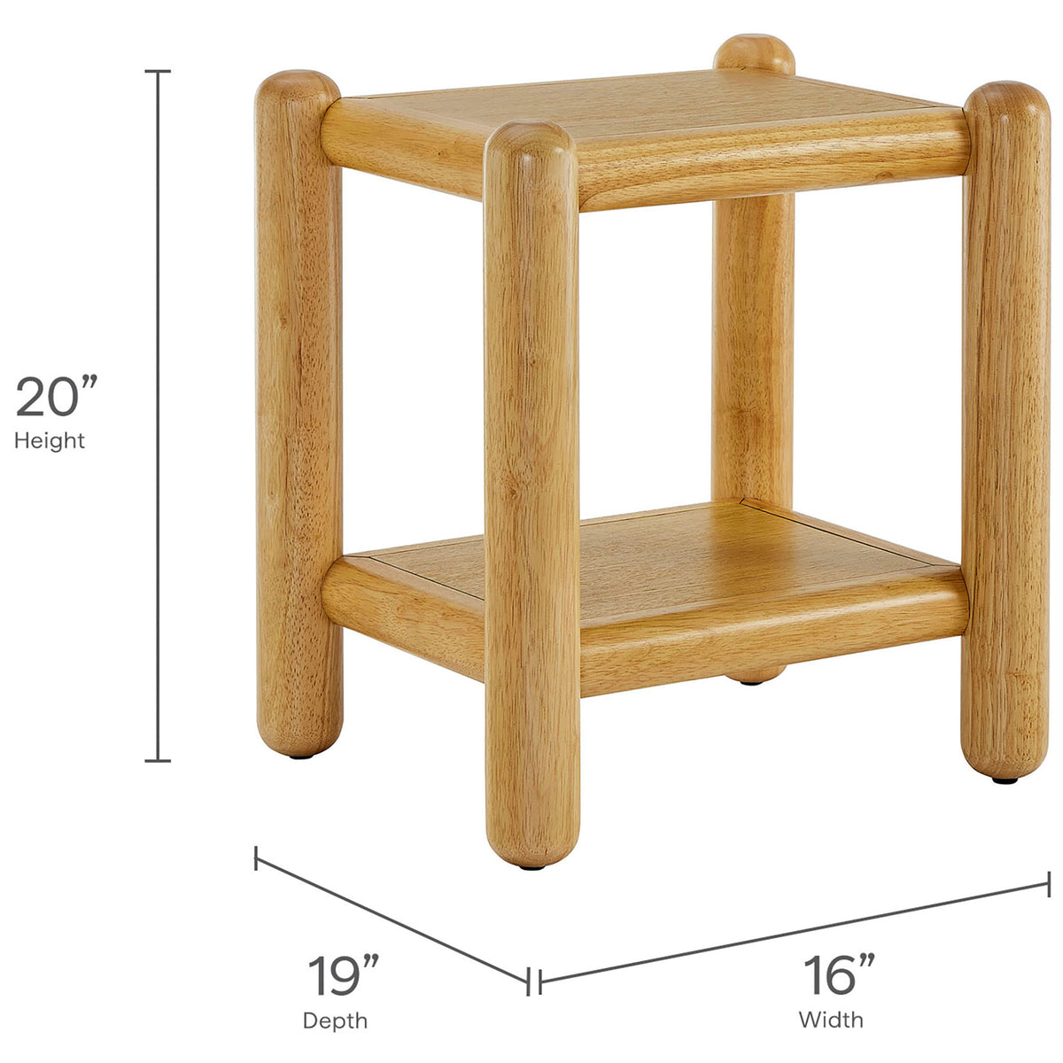 Size graphic for the Arcus oak side table indicating 20 inch height, 19 inch depth, and 16 inch width. || MOD-7226-OAK || dimension_studio