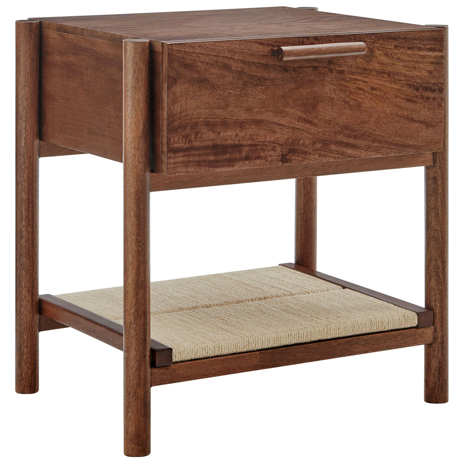 Modern walnut nightstand featuring cylindrical wood legs, flush drawer front, and airy woven jute shelf. || MOD-7227-WAL || front_angle_studio