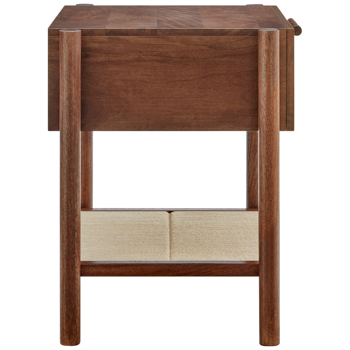 Streamlined Oswin walnut nightstand with solid mango wood frame, cylindrical posts, and woven jute shelf. || MOD-7227-WAL || side_studio
