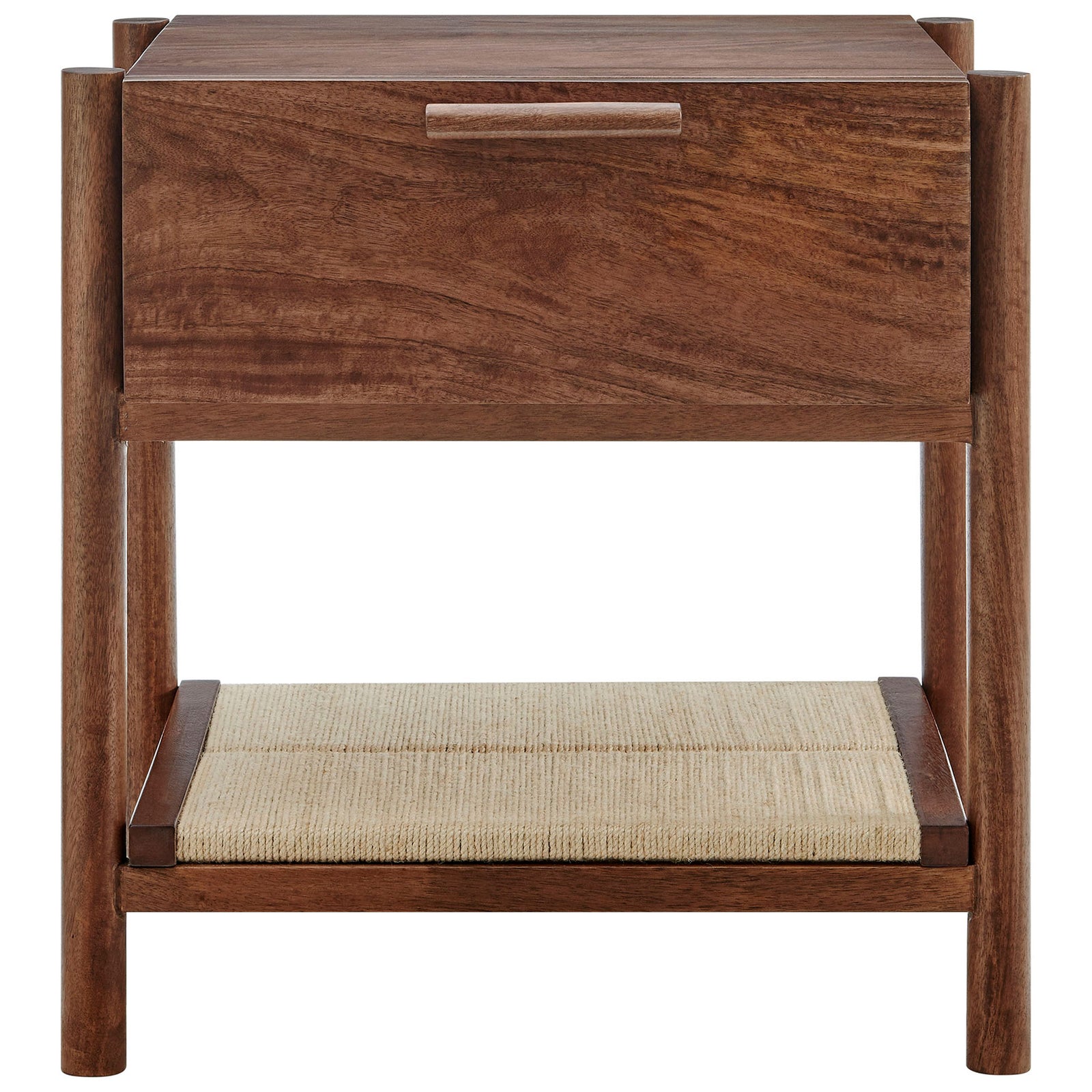 Walnut mango wood Oswin nightstand with clean lines, single drawer, and woven jute lower shelf. || MOD-7227-WAL || front_studio