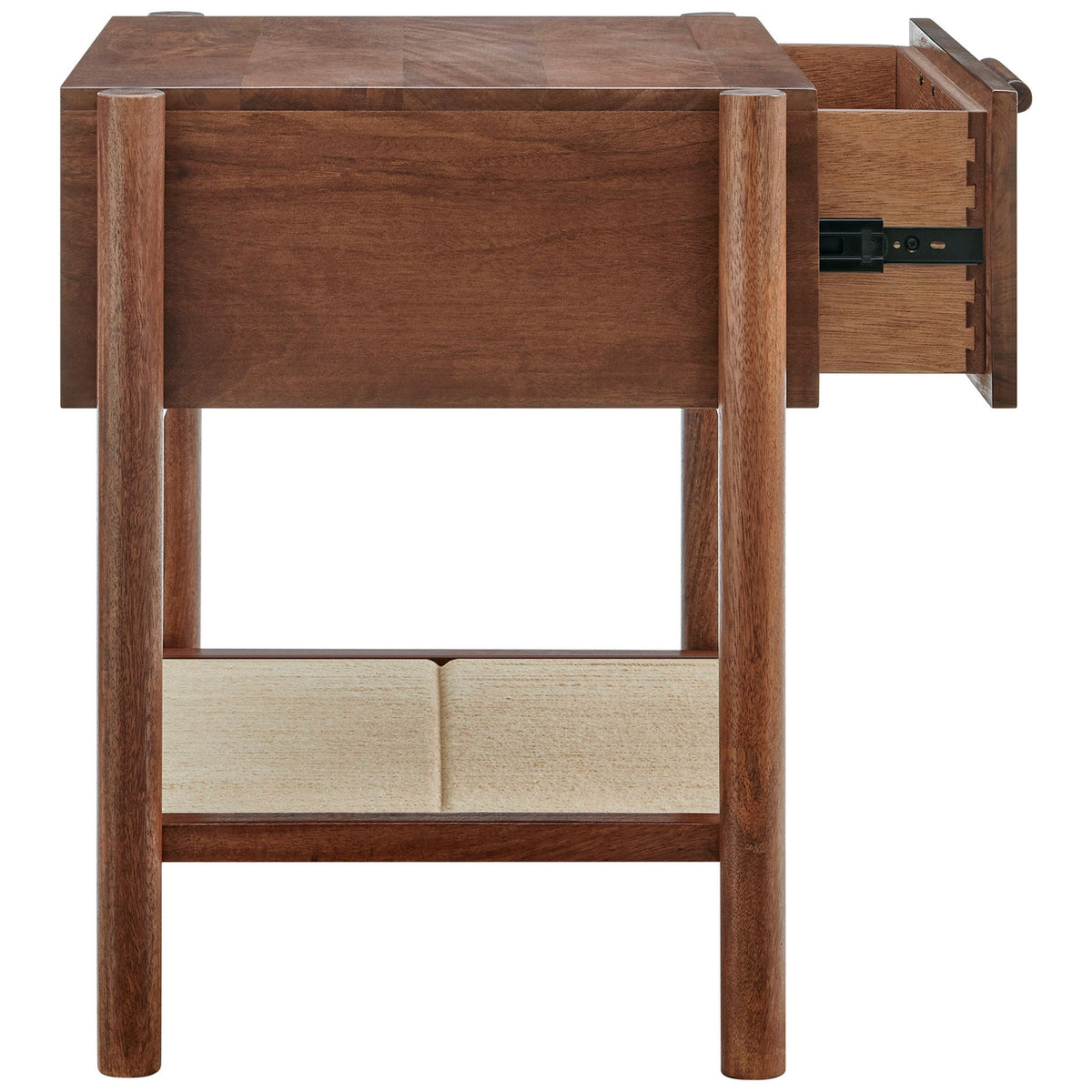 Oswin walnut nightstand showing smooth full-extension drawer glides above an airy woven jute storage shelf. || MOD-7227-WAL || side_open_studio