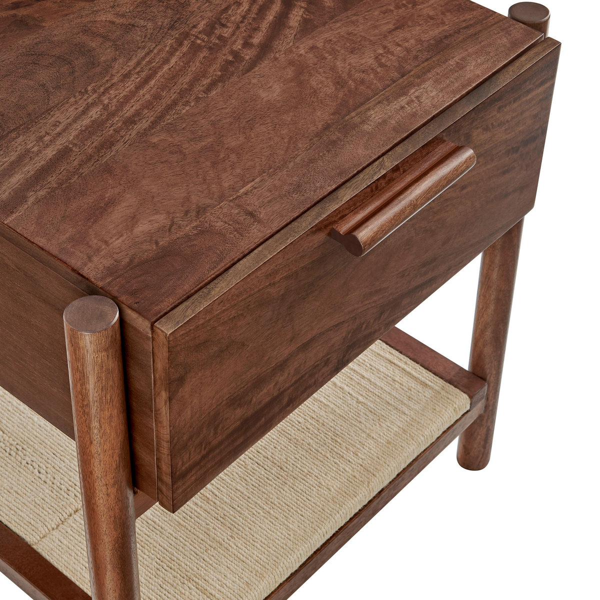Sculpted wood drawer handle and rich walnut grain add refined detail to the Oswin nightstand. || MOD-7227-WAL || detail_studio