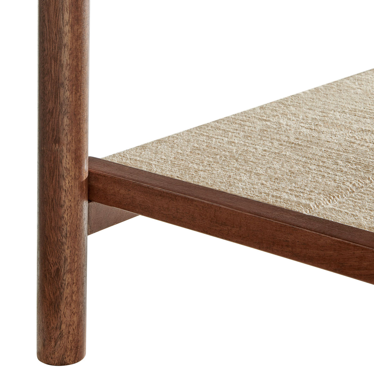 Rounded mango wood leg and woven jute shelf lend warm, textural contrast on the Oswin nightstand. || MOD-7227-WAL || leg_studio