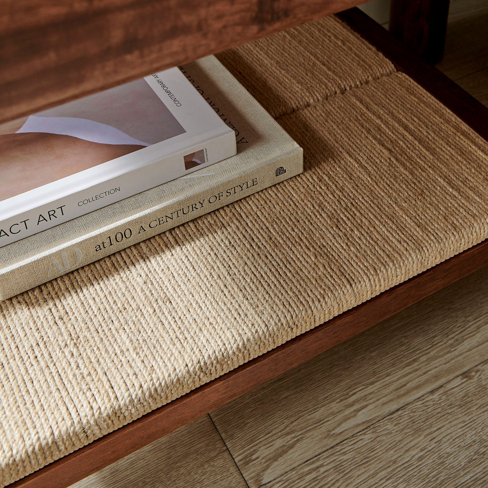 Woven jute lower shelf on the Oswin nightstand offers airy open storage for books and decor. || MOD-7227-WAL || detail_room