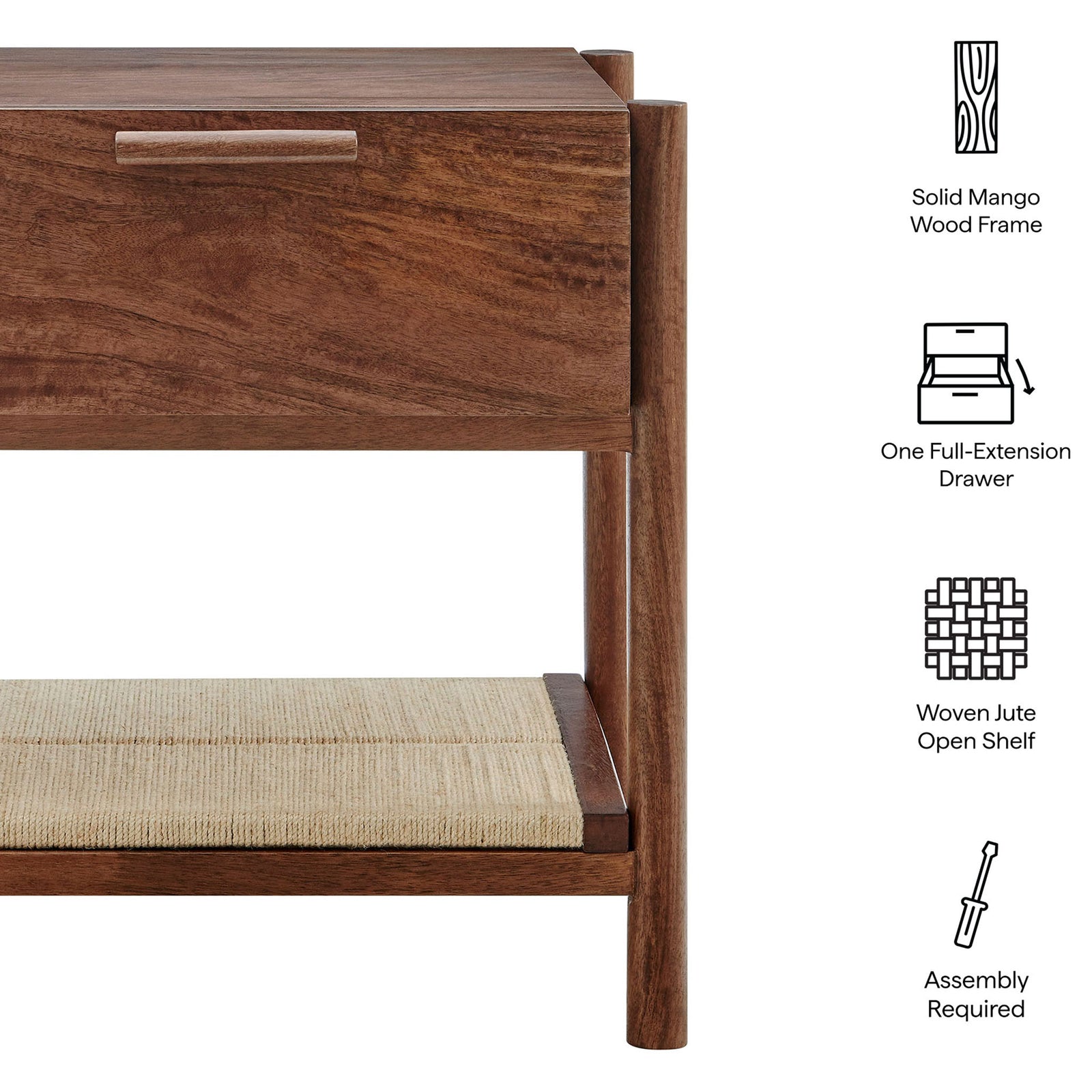 Feature callouts spotlight the Oswin nightstand with solid mango wood frame and woven jute shelf. || MOD-7227-WAL || callout_studio