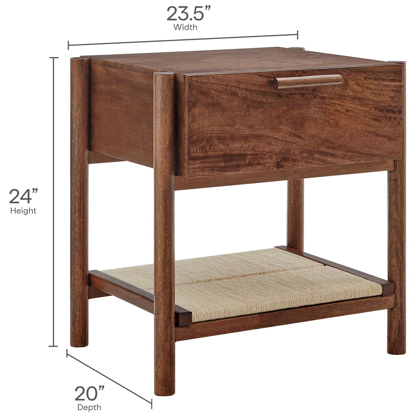 Dimensions of the Oswin walnut nightstand showing height, width, and depth for confident room planning. || MOD-7227-WAL || dimension_studio