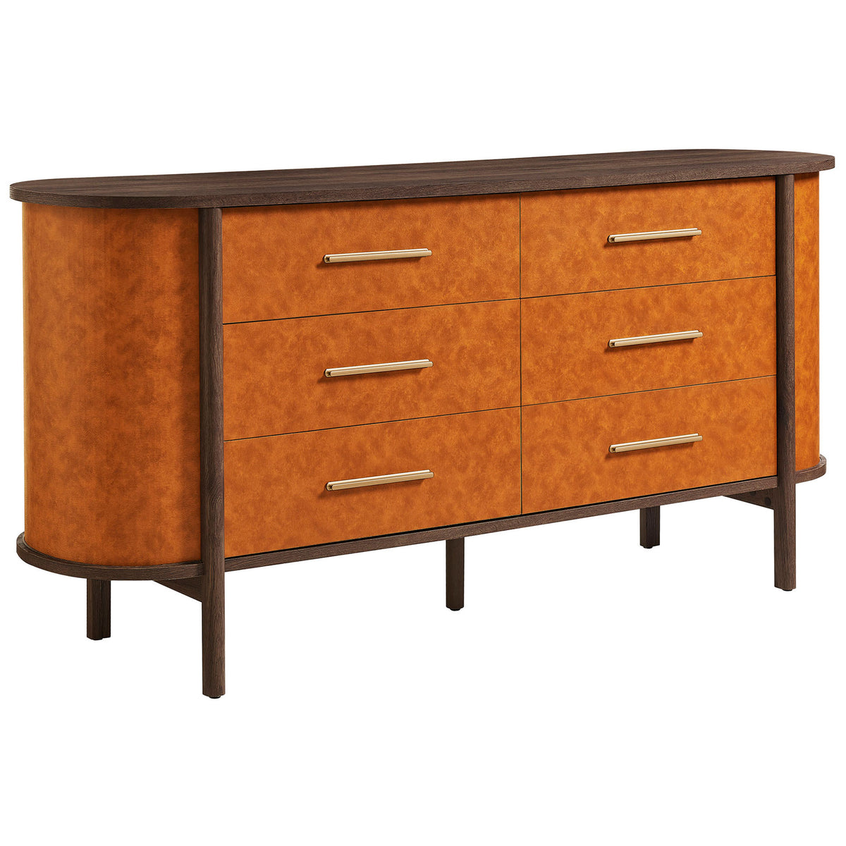 Curved walnut dresser with tan vegan leather drawer fronts and slim gold-tone pulls. || MOD-7228-WAL-TAN || front_angle_studio