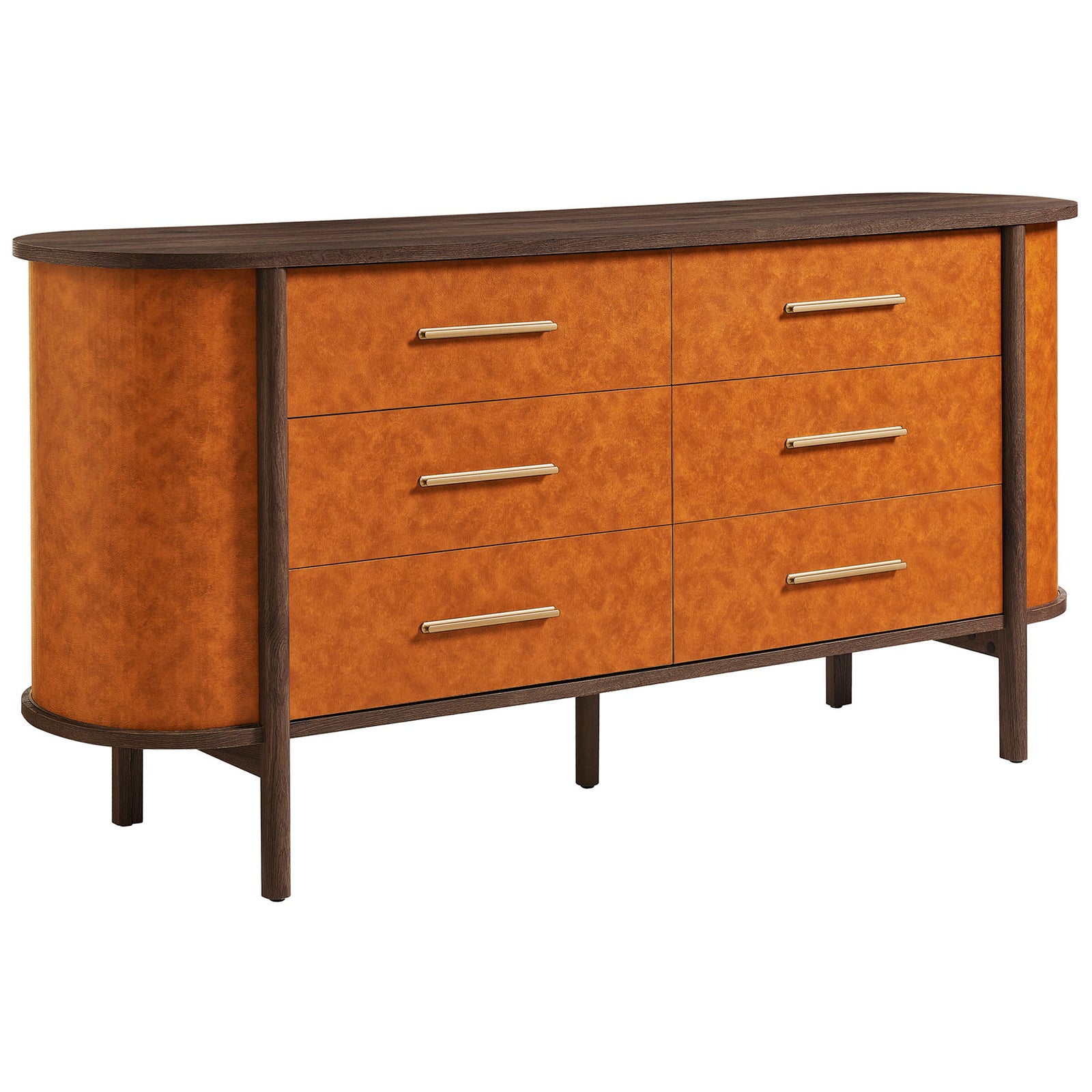 Curved walnut dresser with tan vegan leather drawer fronts and slim gold-tone pulls. || MOD-7228-WAL-TAN || front_angle_studio