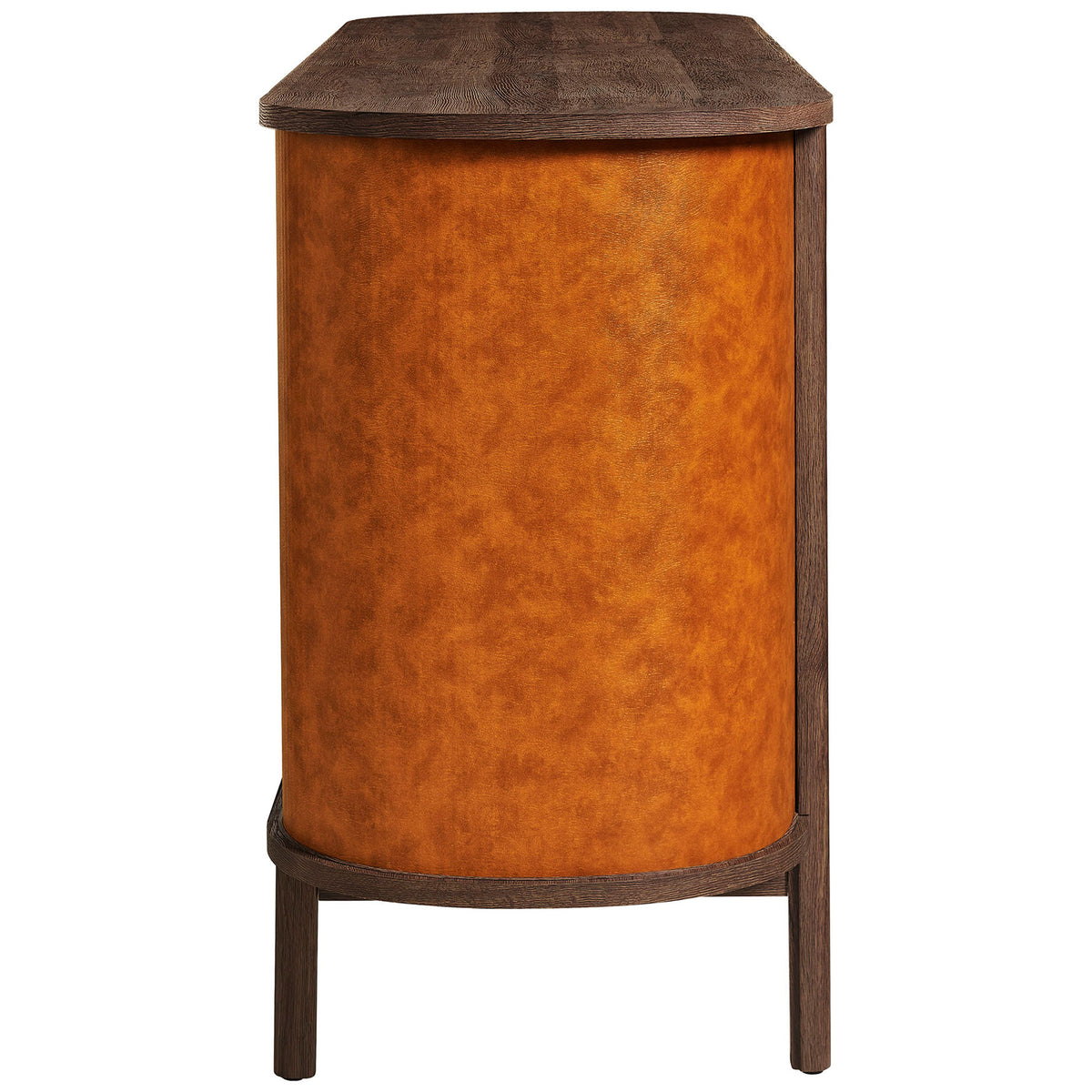 Smoothly curved end panels wrapped in tan vegan leather emphasize the dresser's sculptural form. || MOD-7228-WAL-TAN || side_studio