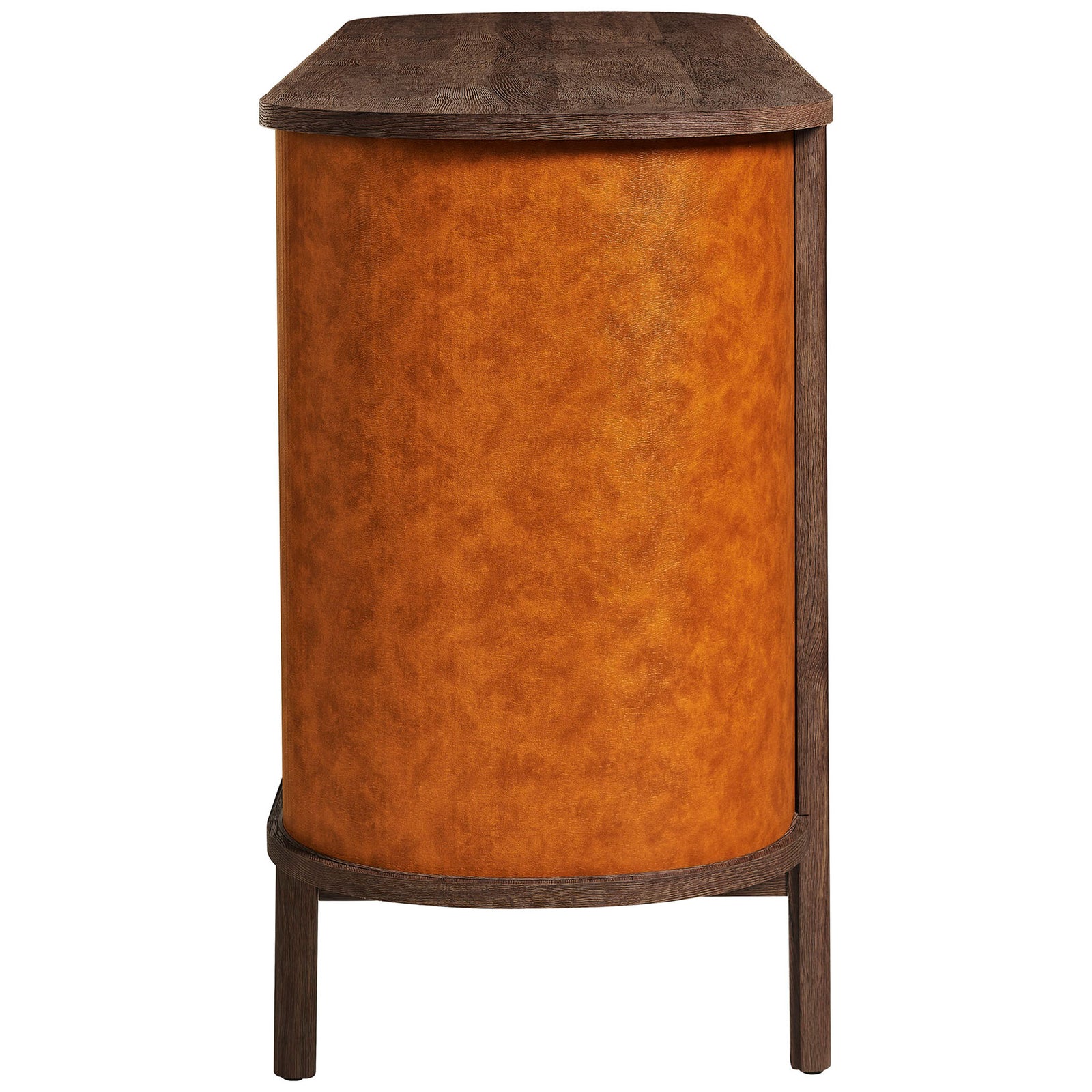 Smoothly curved end panels wrapped in tan vegan leather emphasize the dresser's sculptural form. || MOD-7228-WAL-TAN || side_studio
