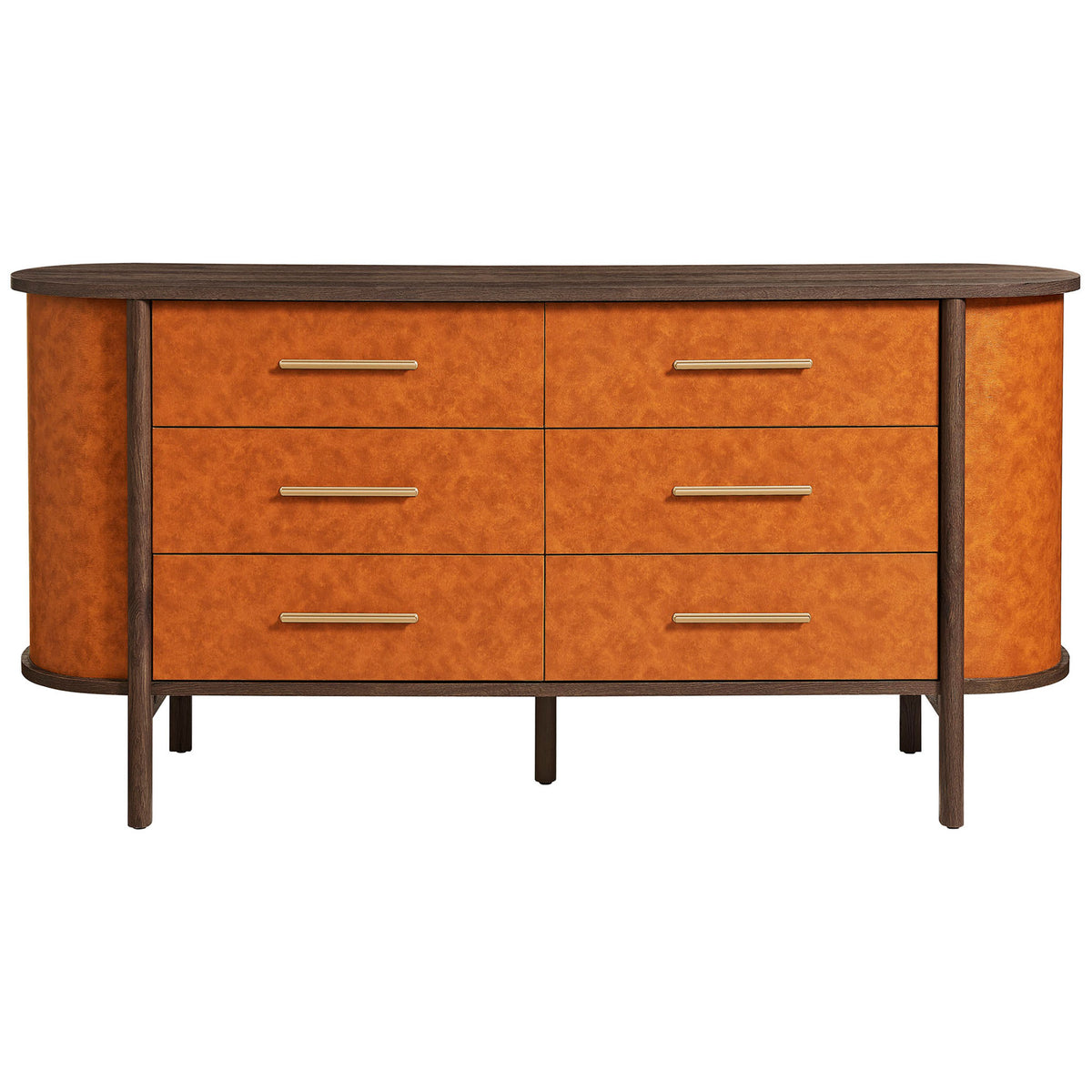 Six-drawer oval dresser in walnut and tan vegan leather with sleek gold-tone bar handles. || MOD-7228-WAL-TAN || front_studio