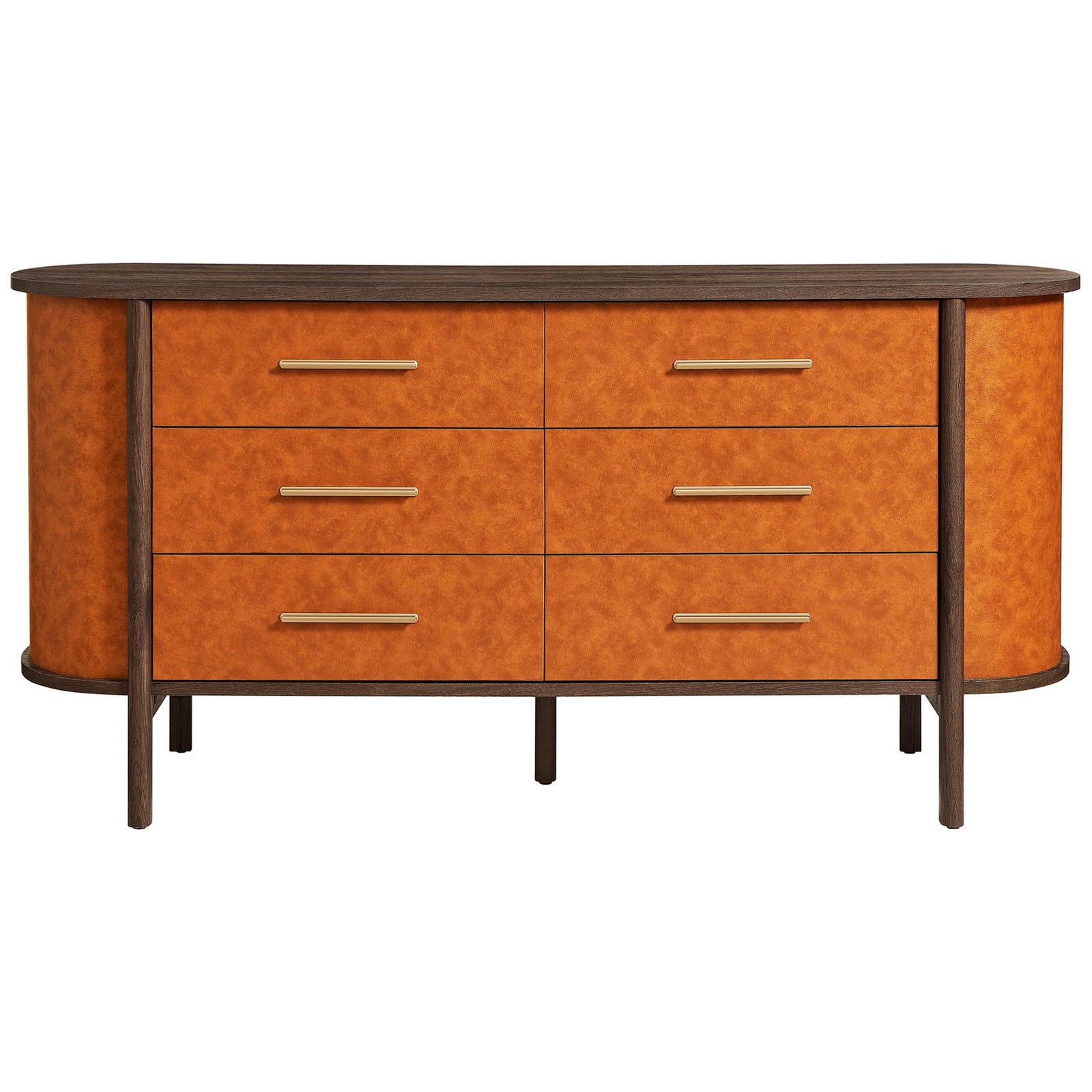 Six-drawer oval dresser in walnut and tan vegan leather with sleek gold-tone bar handles. || MOD-7228-WAL-TAN || front_studio