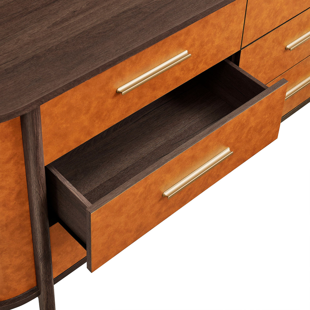 Deep drawer holds folded clothing and accessories, enhanced by a long, satin gold-tone handle. || MOD-7228-WAL-TAN || storage_open_studio