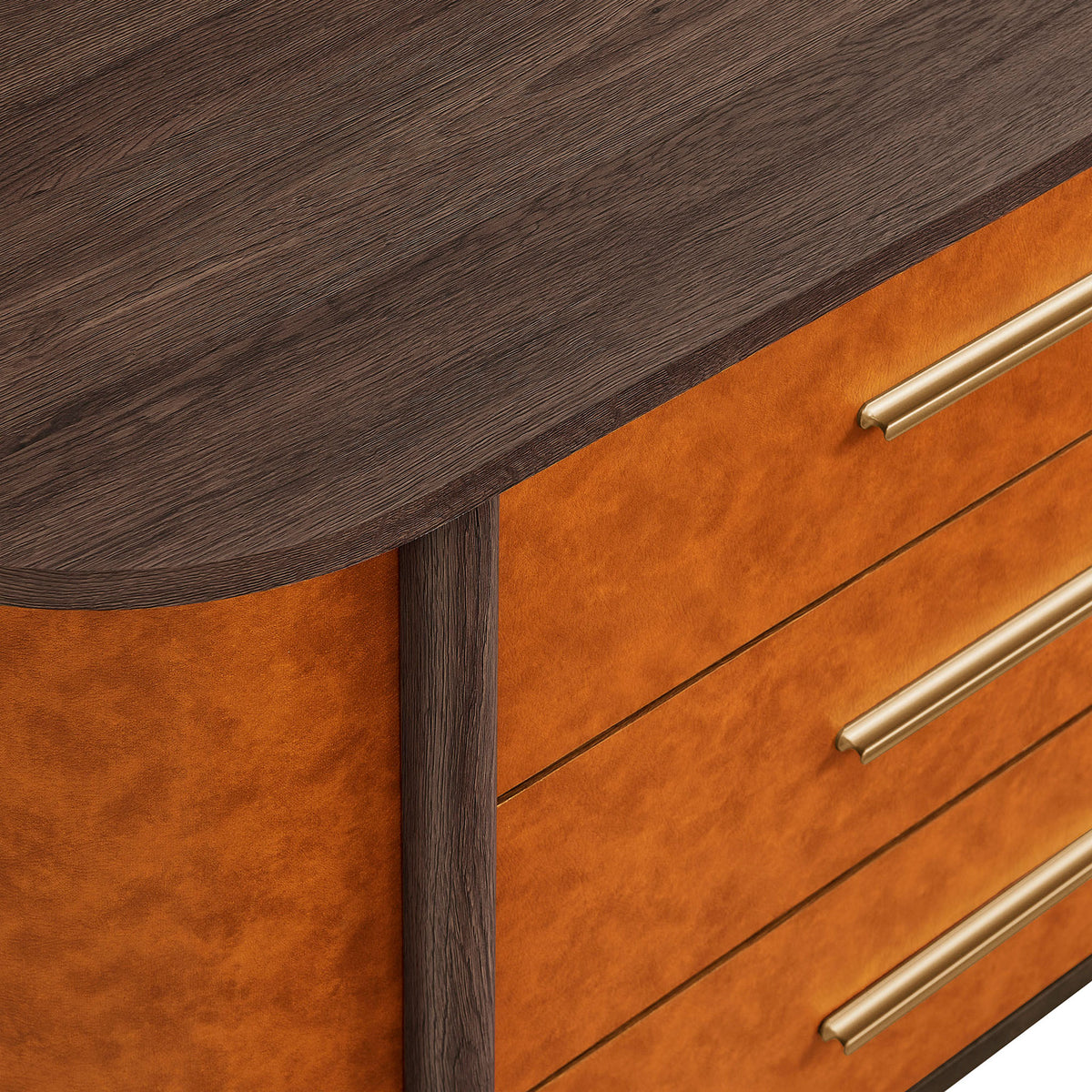Wood grain laminate top and rounded posts add organic texture and warmth to the dresser design. || MOD-7228-WAL-TAN || detail_studio