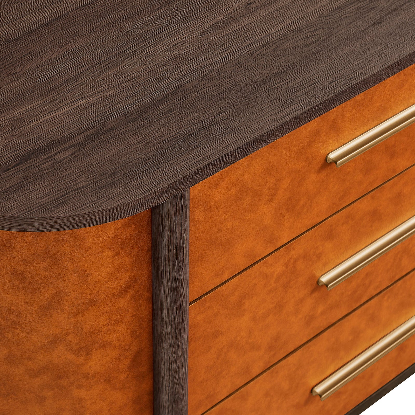 Wood grain laminate top and rounded posts add organic texture and warmth to the dresser design. || MOD-7228-WAL-TAN || detail_studio