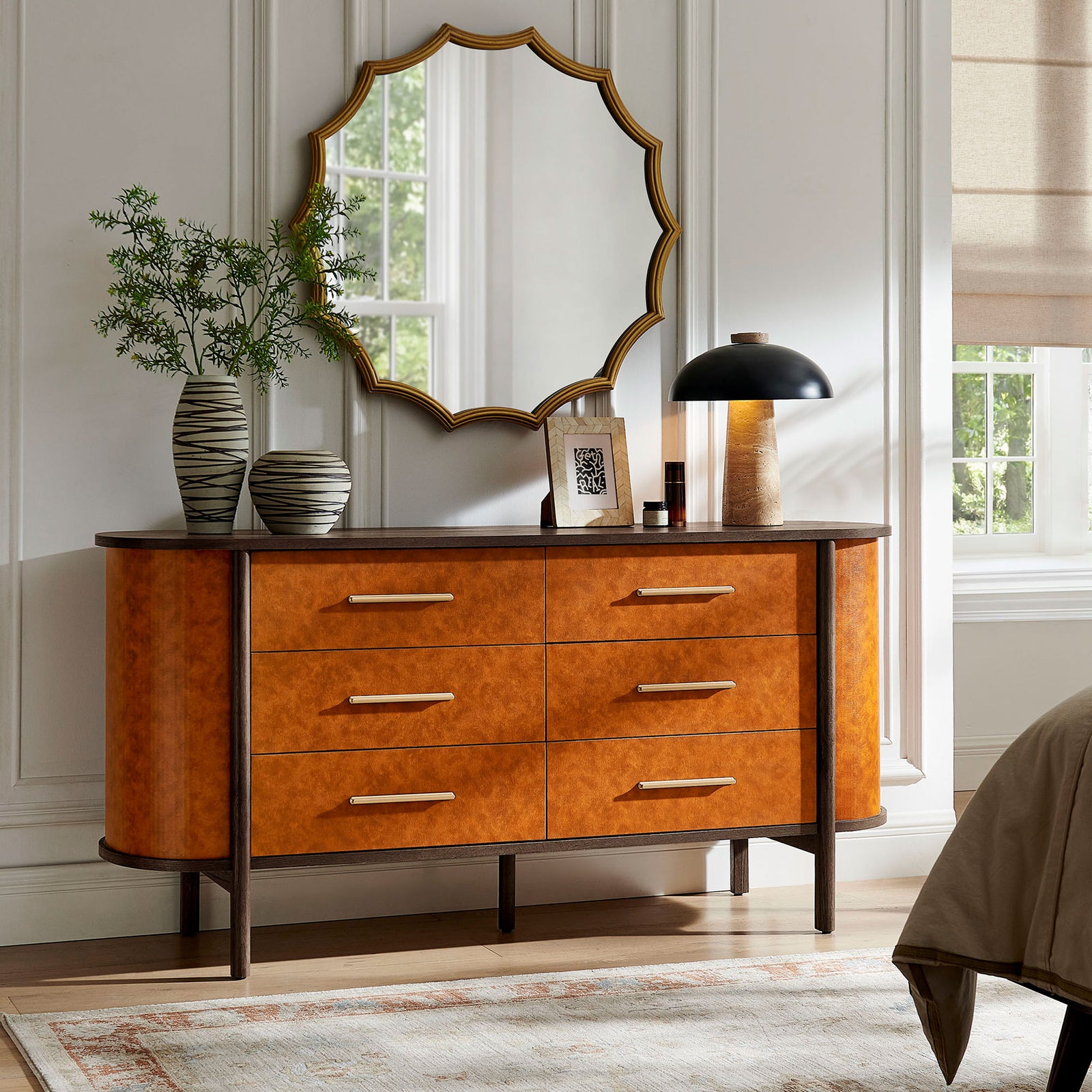 Warm walnut and tan dresser anchors the bedroom, pairing effortlessly with modern decor and metallic accents. || MOD-7228-WAL-TAN || front_room