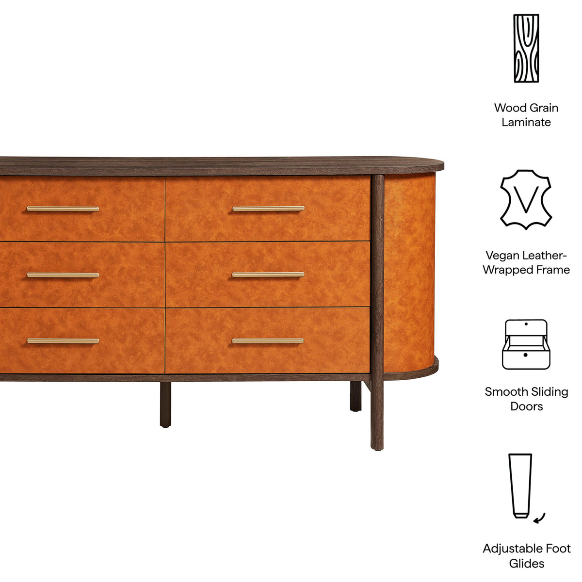 Vegan leather-wrapped frame, wood grain laminate, smooth drawers, and adjustable foot glides refine this dresser. || MOD-7228-WAL-TAN || callout_studio