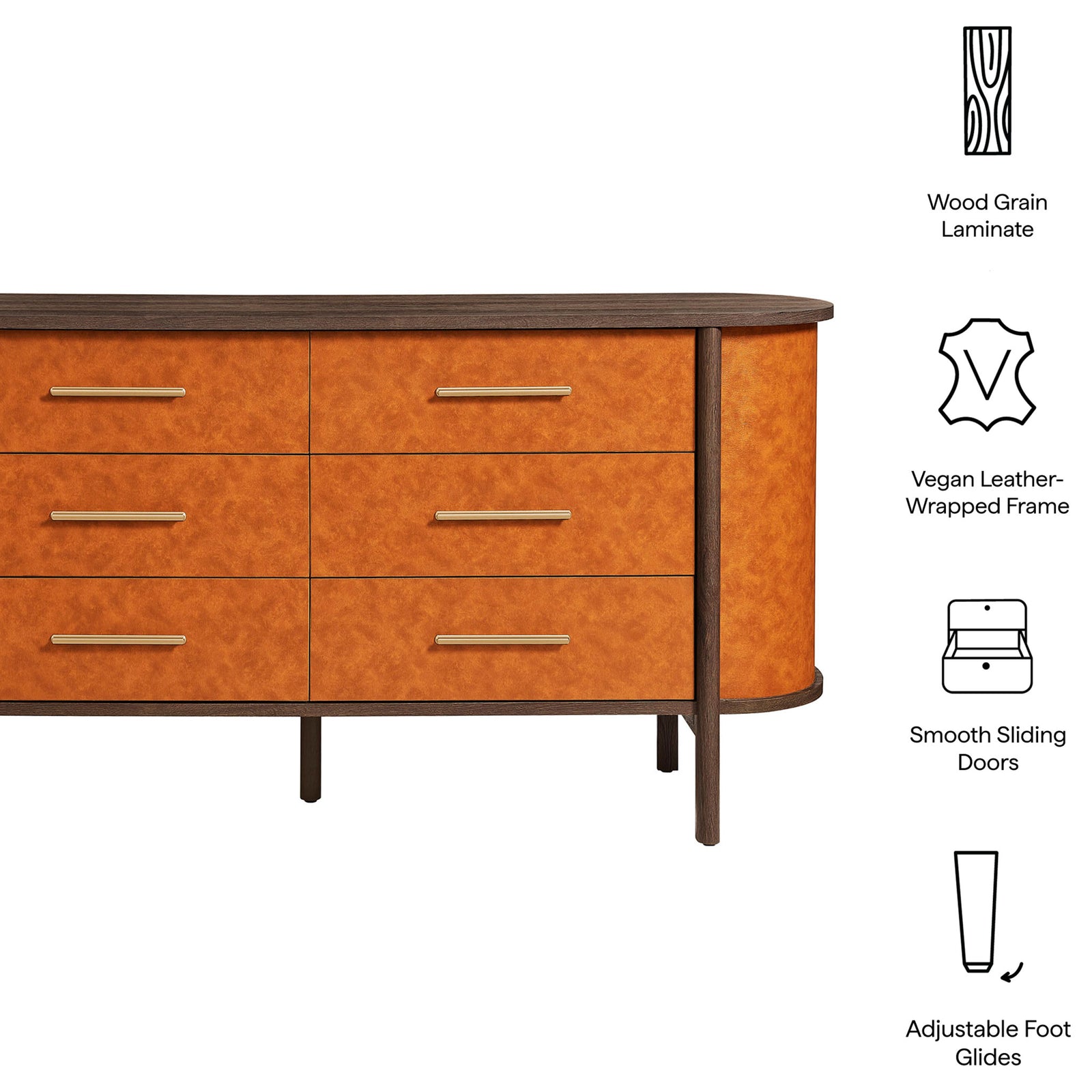 Vegan leather-wrapped frame, wood grain laminate, smooth drawers, and adjustable foot glides refine this dresser. || MOD-7228-WAL-TAN || callout_studio
