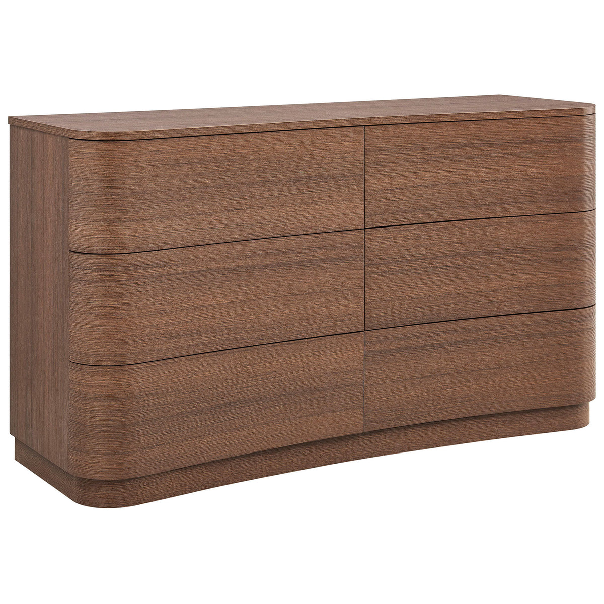 Sleek Mirae dresser shows its sculpted curved drawer fronts and rounded corners in a warm brown oak finish. || MOD-7229-BBO || front_angle_studio