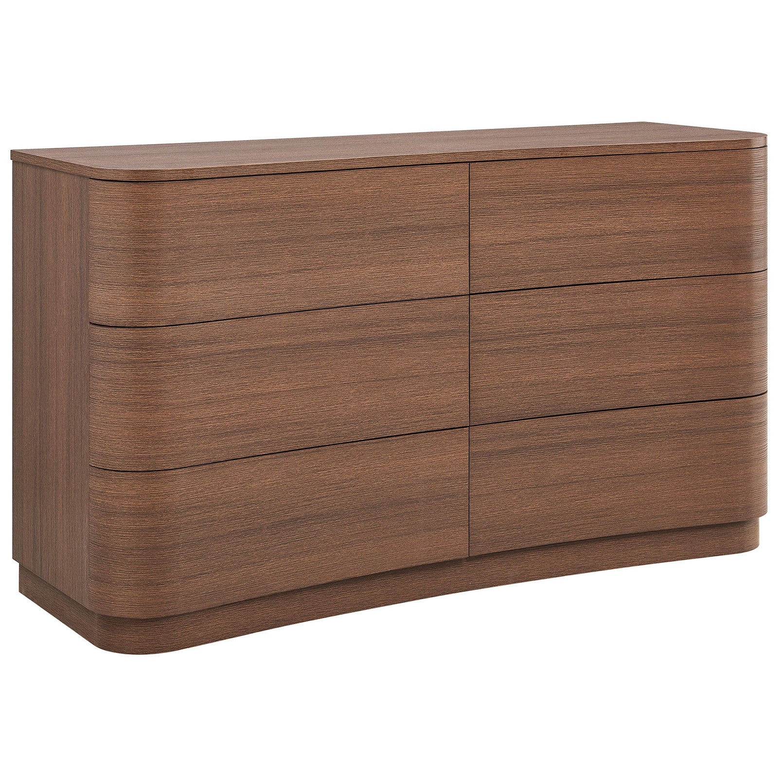Sleek Mirae dresser shows its sculpted curved drawer fronts and rounded corners in a warm brown oak finish. || MOD-7229-BBO || front_angle_studio