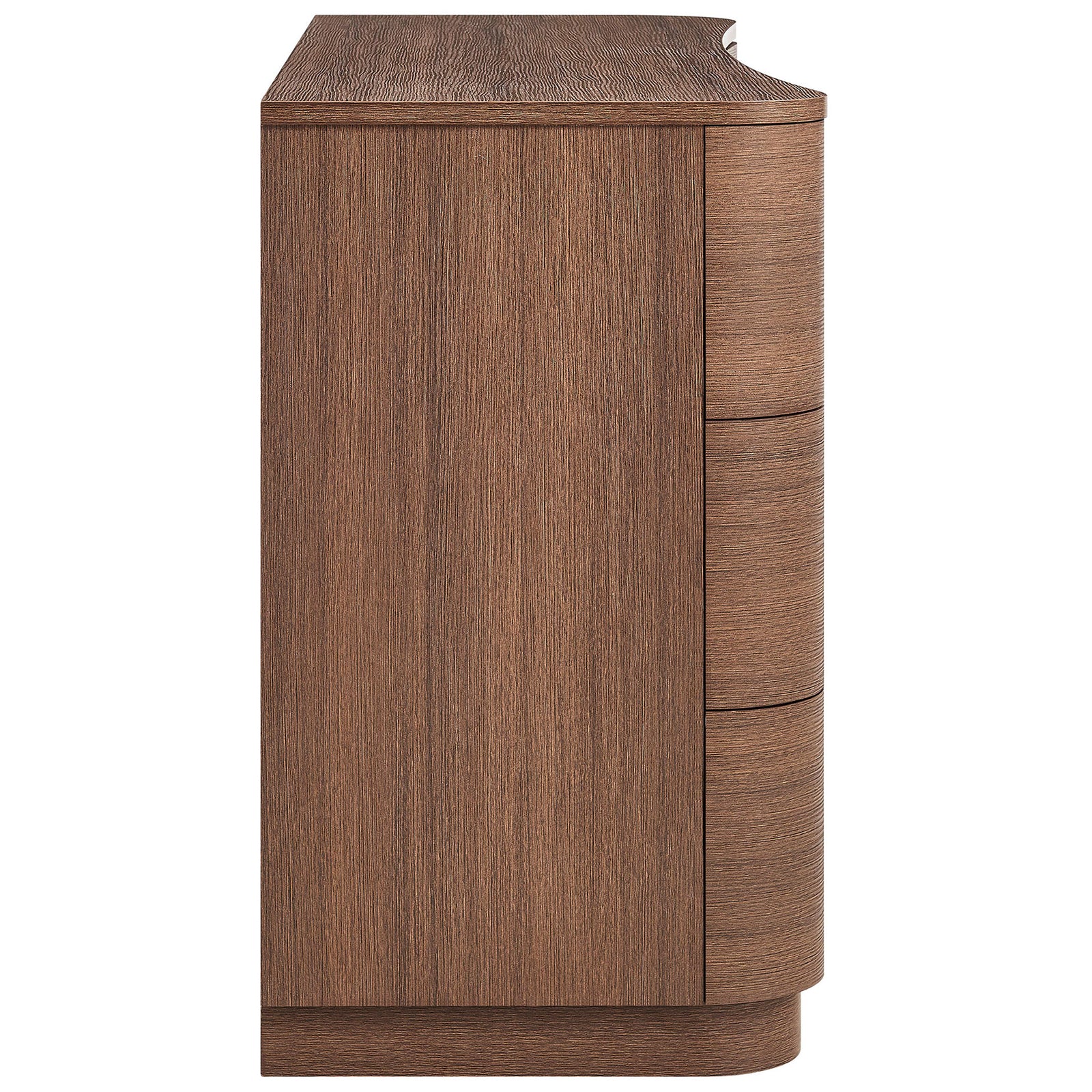 Smooth side profile highlights the dresser's continuous wood grain and gently curved plinth base. || MOD-7229-BBO || side_studio