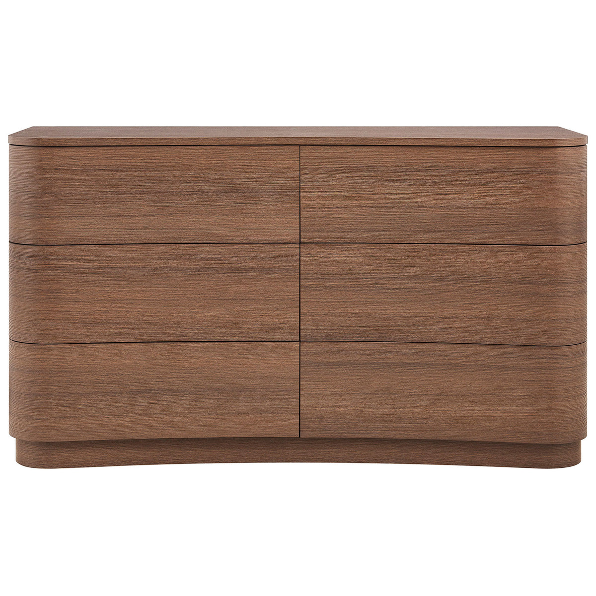 Curved six-drawer dresser in brushed brown oak with smooth wood grain and generous storage. || MOD-7229-BBO || front_studio