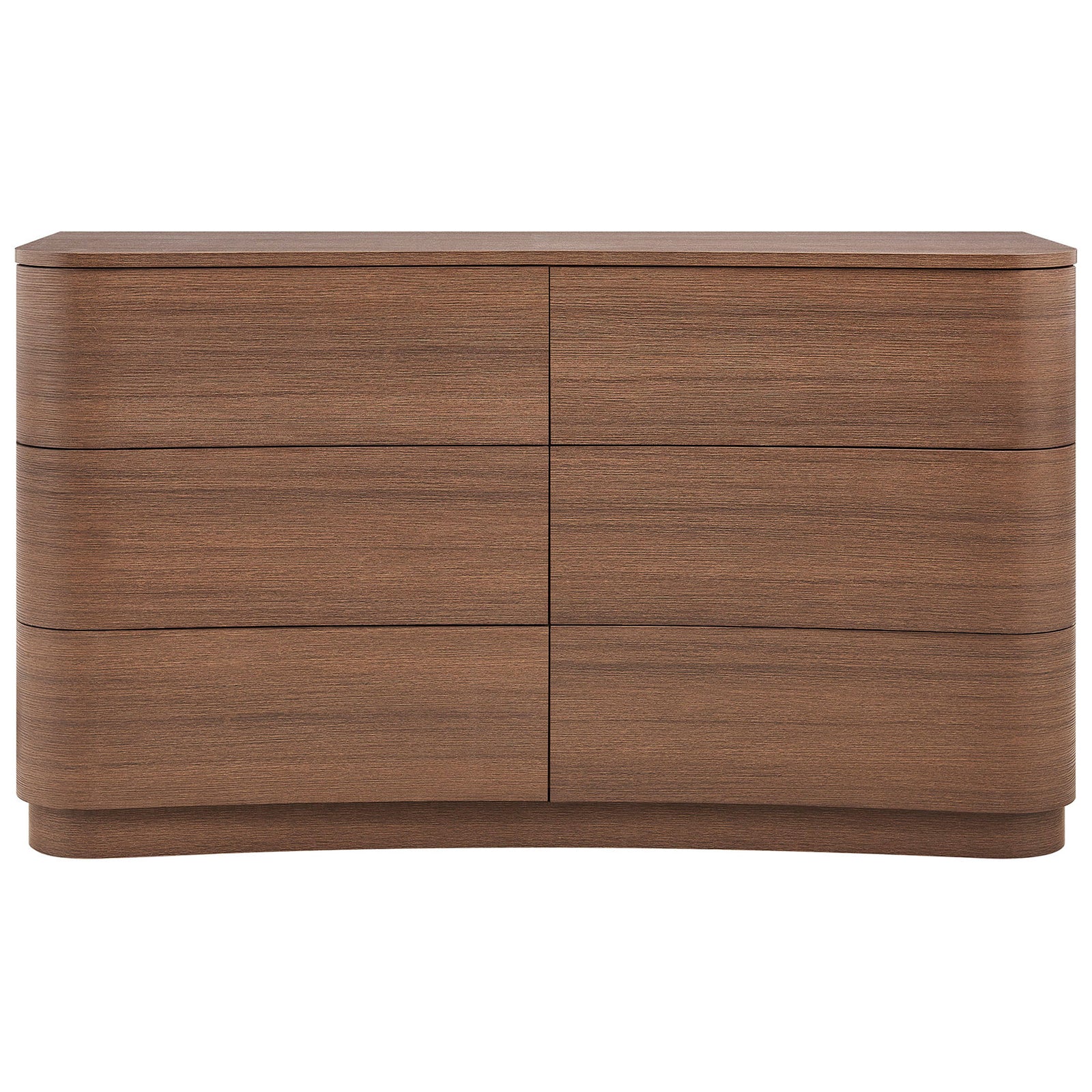 Curved six-drawer dresser in brushed brown oak with smooth wood grain and generous storage. || MOD-7229-BBO || front_studio