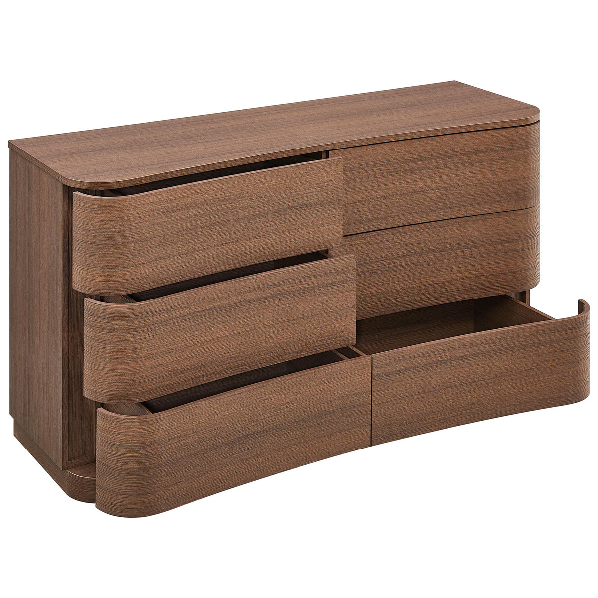 Six deep drawers glide open to reveal generous storage in this softly curved brown oak dresser. || MOD-7229-BBO || front_angle_open_studio