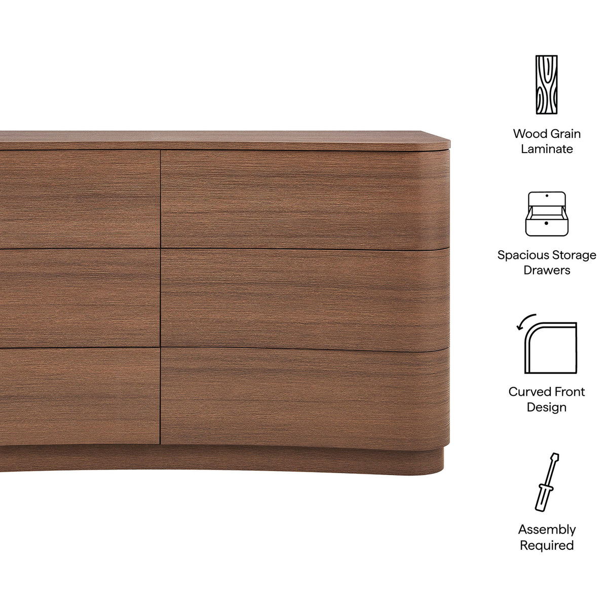 Feature graphic highlighting the Mirae dresser's wood grain laminate, spacious drawers, and curved front design. || MOD-7229-BBO || callout_studio