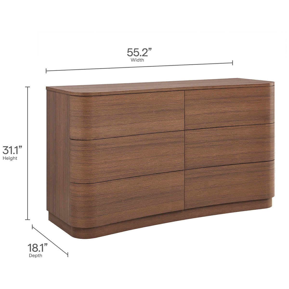 Dimension diagram of the Mirae 6-drawer dresser with overall width, height, and depth measurements. || MOD-7229-BBO || dimension_studio
