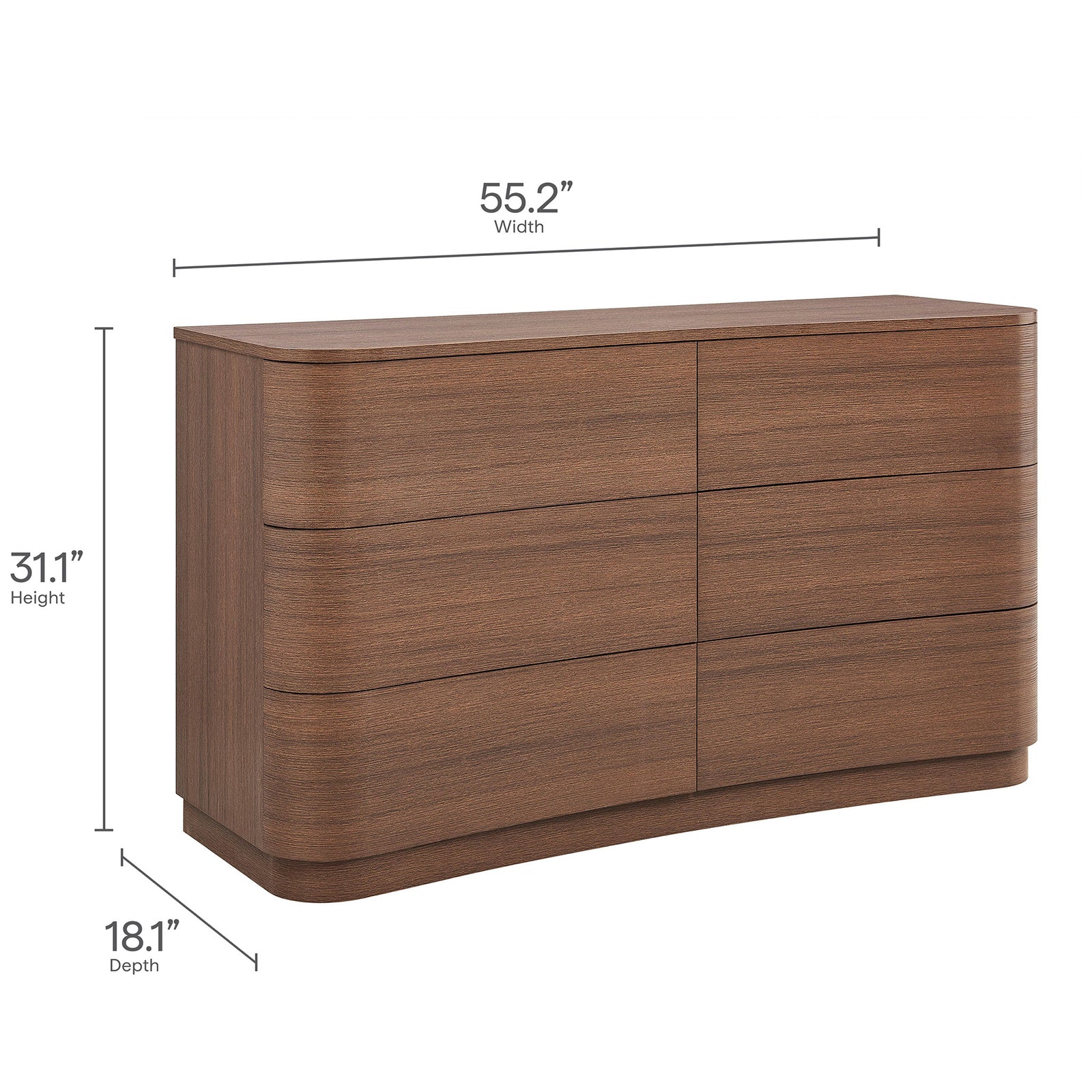 Dimension diagram of the Mirae 6-drawer dresser with overall width, height, and depth measurements. || MOD-7229-BBO || dimension_studio