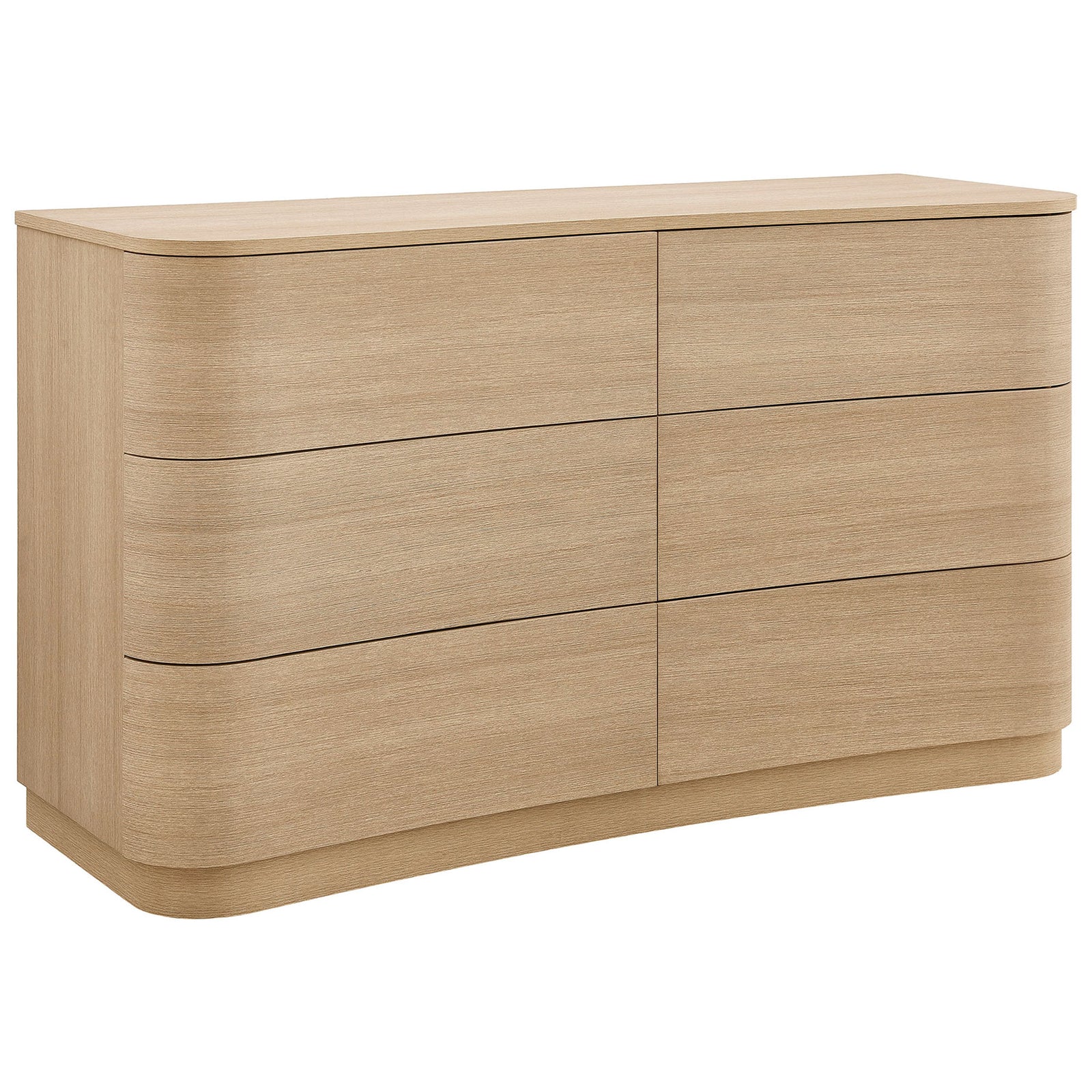 Wide 6-drawer dresser in brushed light oak with soft rounded edges and flowing base || MOD-7229-BOA || front_angle_studio