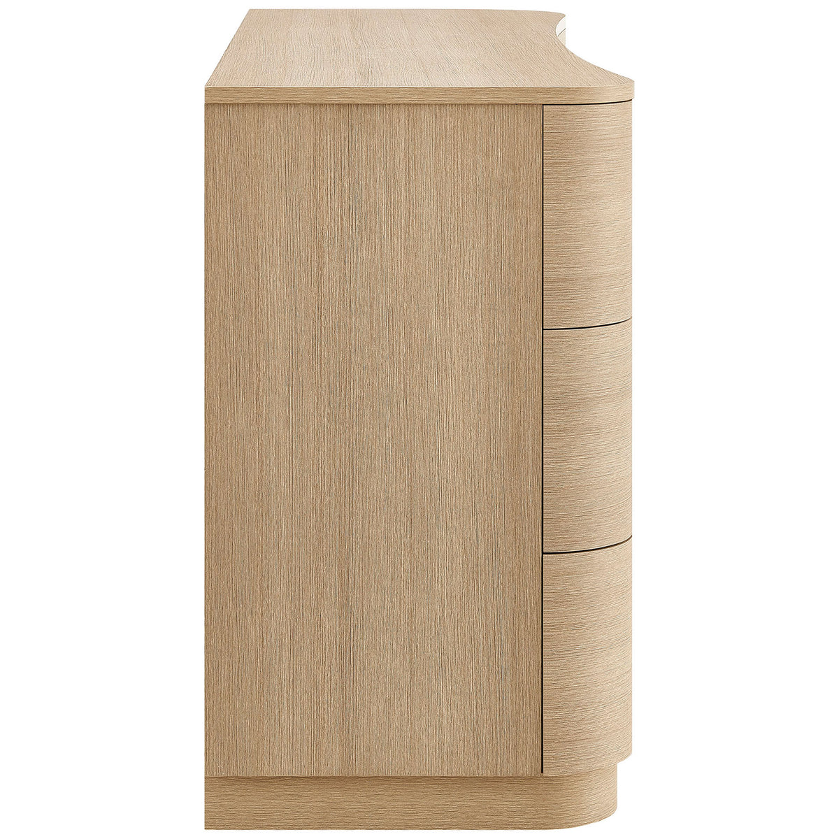 Profile of the brushed light oak dresser showing its rounded corners and clean side panel || MOD-7229-BOA || side_studio