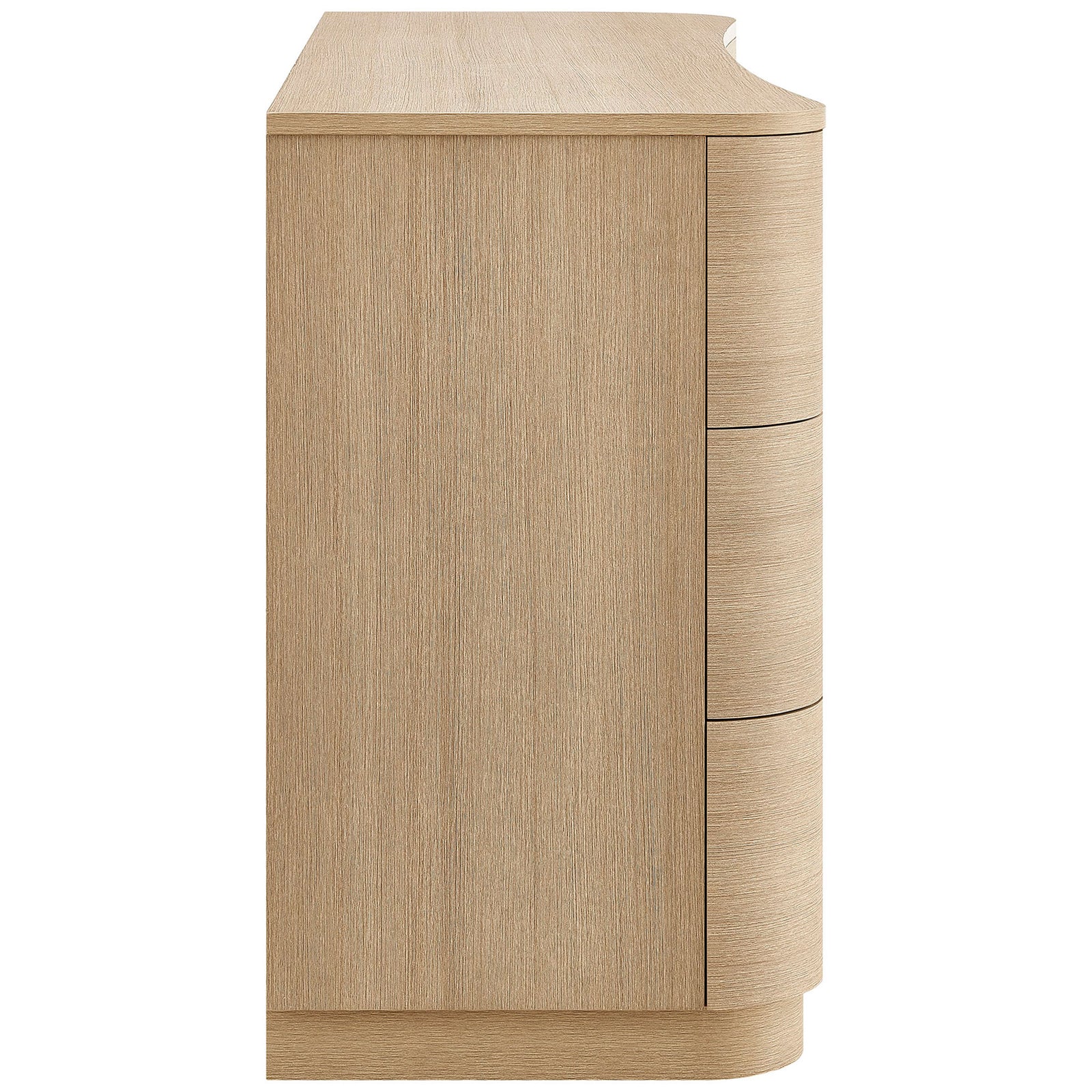 Profile of the brushed light oak dresser showing its rounded corners and clean side panel || MOD-7229-BOA || side_studio