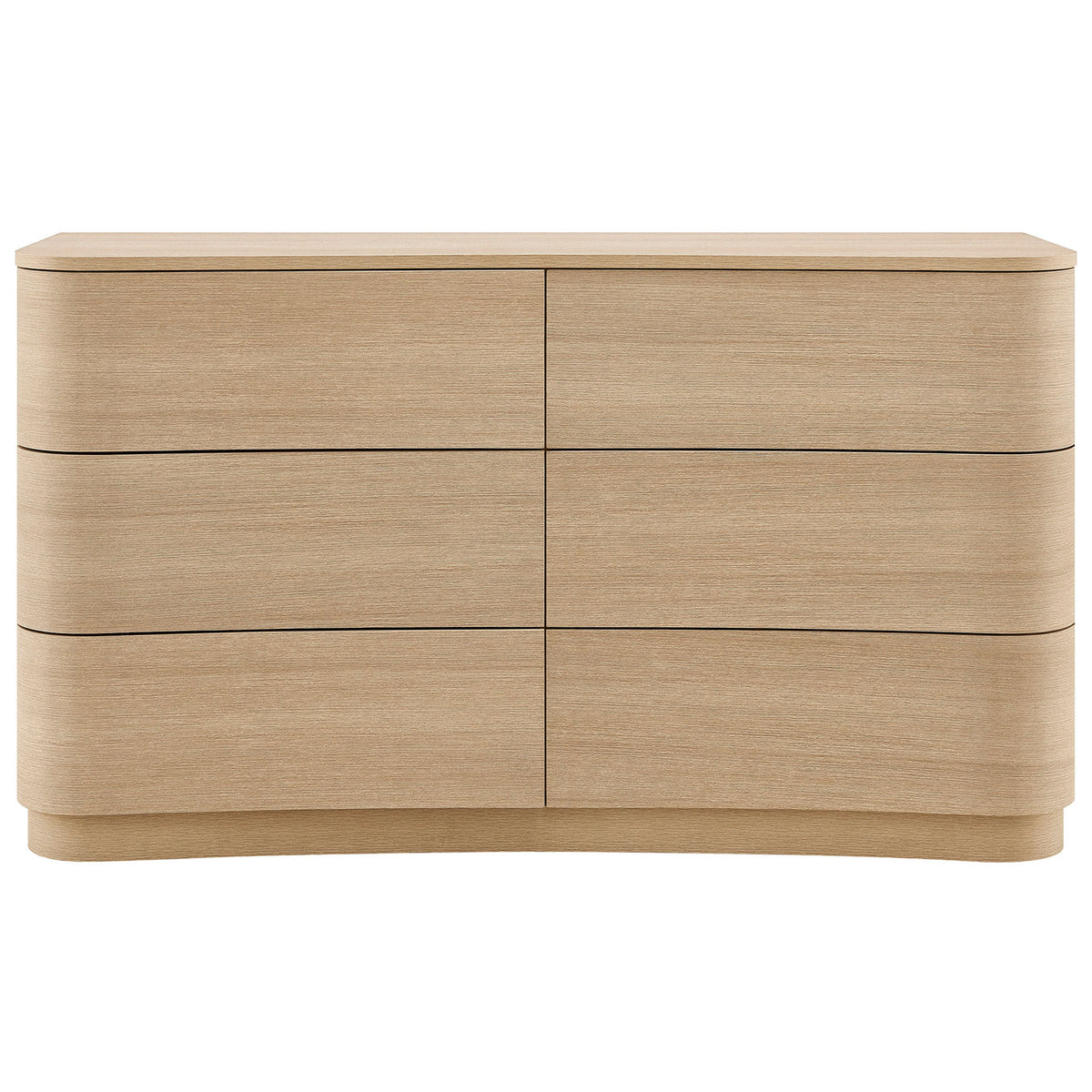 Curved 6-drawer brushed light oak dresser with smooth wood grain and sculpted fronts || MOD-7229-BOA || front_studio