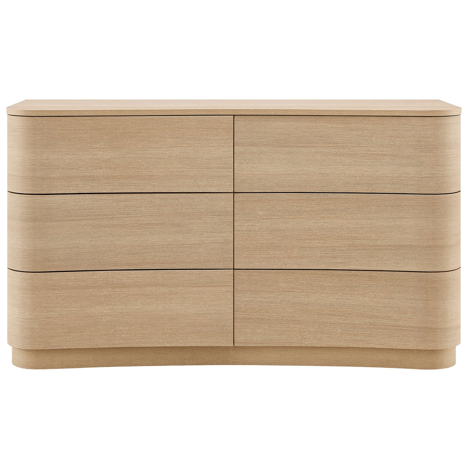 Curved 6-drawer brushed light oak dresser with smooth wood grain and sculpted fronts || MOD-7229-BOA || front_studio