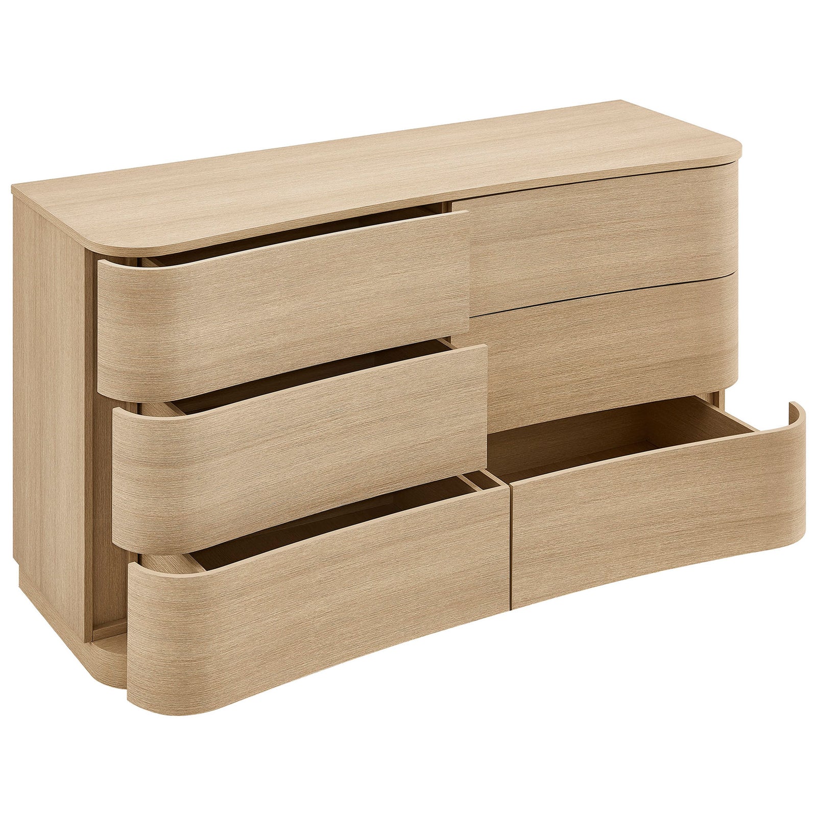 Mirae dresser with all six drawers open to reveal generous storage for clothing and linens || MOD-7229-BOA || front_angle_open_studio
