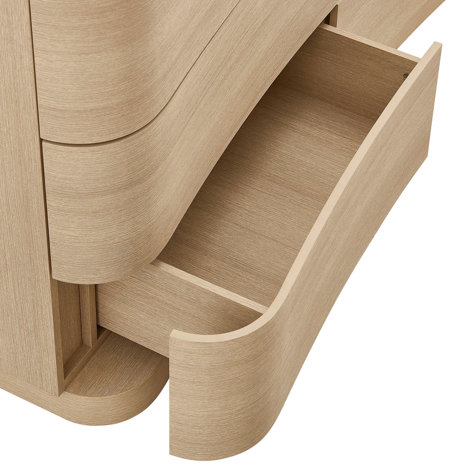 Deep lower drawer gliding smoothly to reveal spacious interior storage in the Mirae dresser || MOD-7229-BOA || storage_open_studio