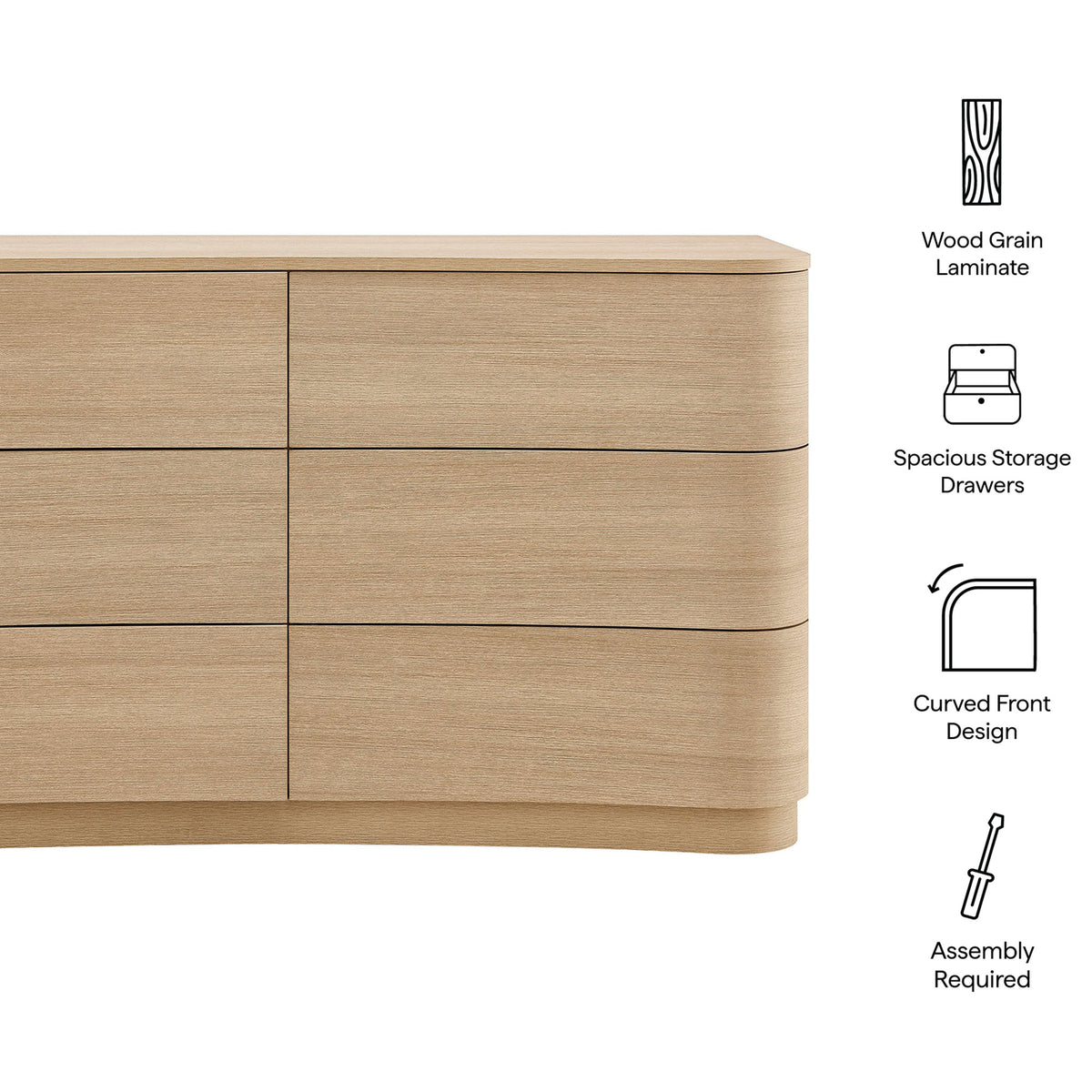 Mirae dresser highlighting wood grain laminate, spacious drawers, curved front design, and easy assembly || MOD-7229-BOA || callout_studio