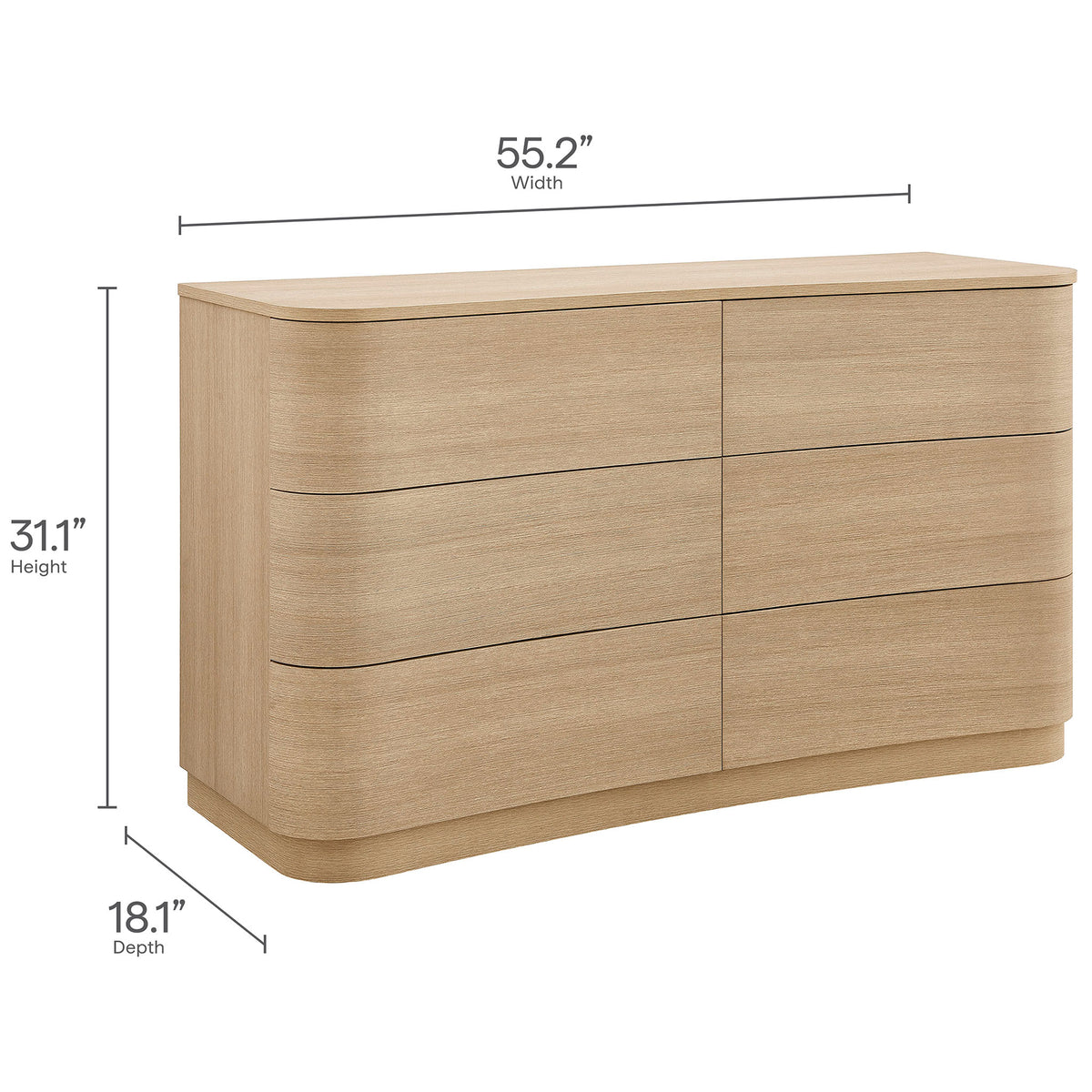 Dimensional view of the Mirae 6-drawer dresser with height width and depth measurements labeled || MOD-7229-BOA || dimension_studio