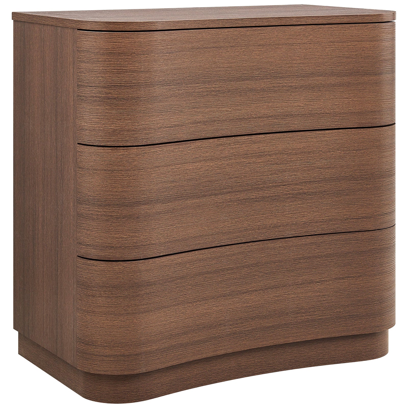 Compact three-drawer dresser with sculpted curved fronts in a warm brushed brown oak finish || MOD-7230-BBO || front_angle_studio