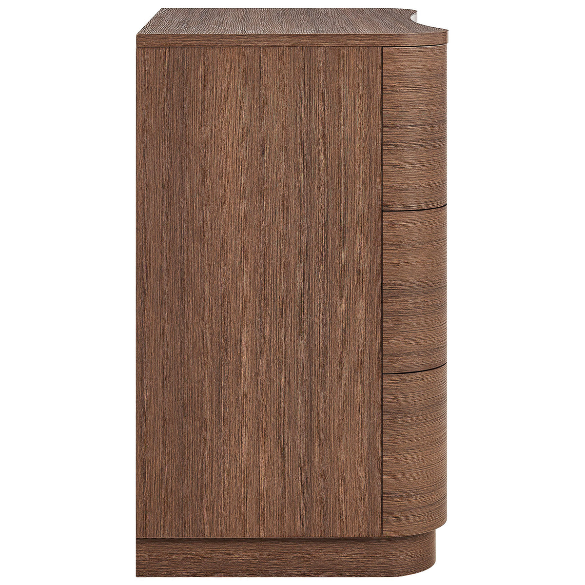 Streamlined profile of the Mirae dresser showing smooth rounded edges and wood grain texture || MOD-7230-BBO || side_studio
