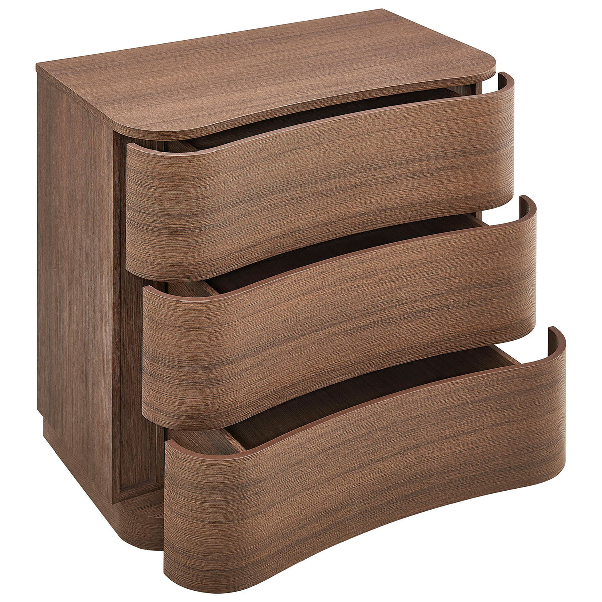 Three deep drawers gliding open to reveal roomy storage inside the curved brown oak dresser || MOD-7230-BBO || front_angle_open_studio