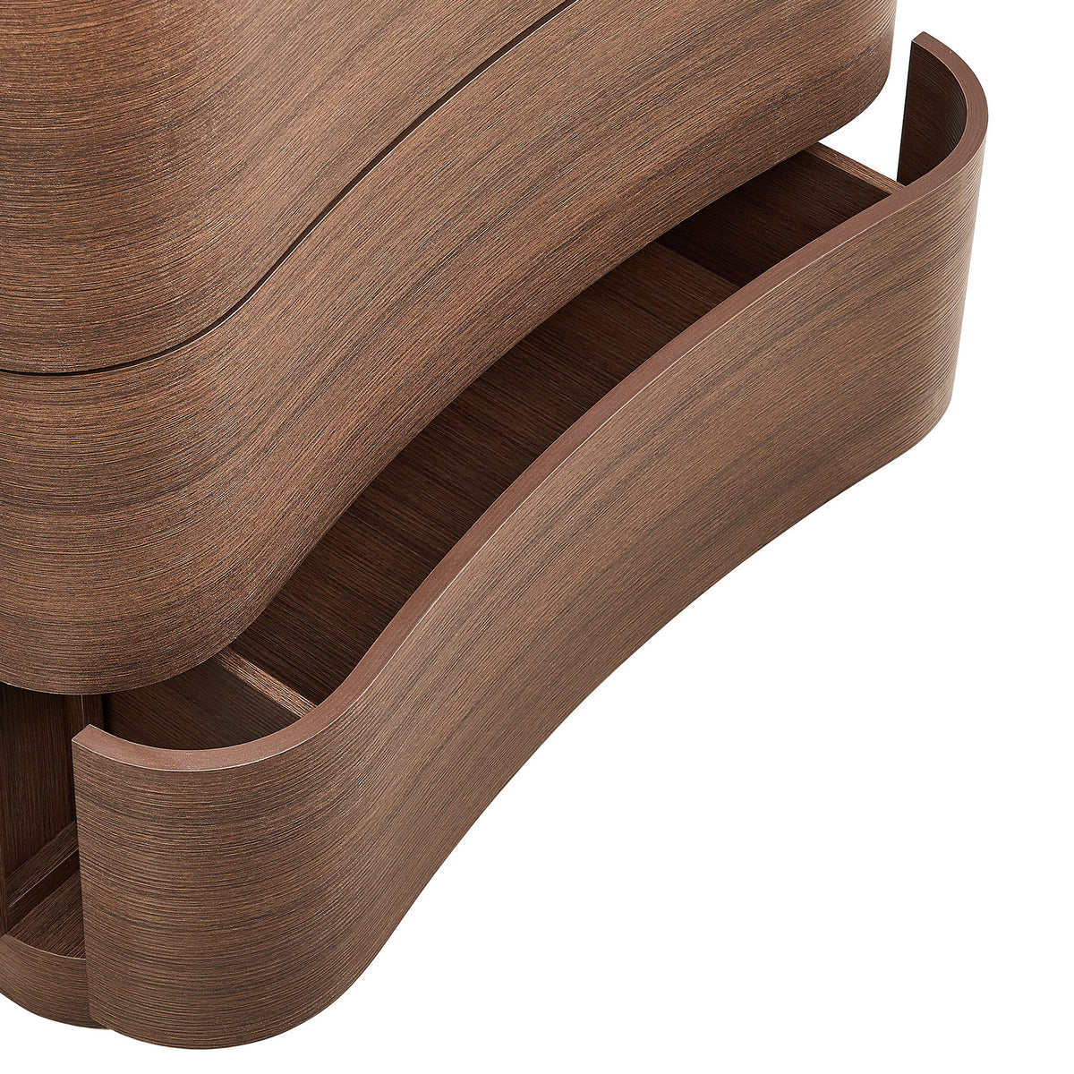 Detail of lower drawer interior showing curved front and smooth finished storage compartment || MOD-7230-BBO || storage_open_studio