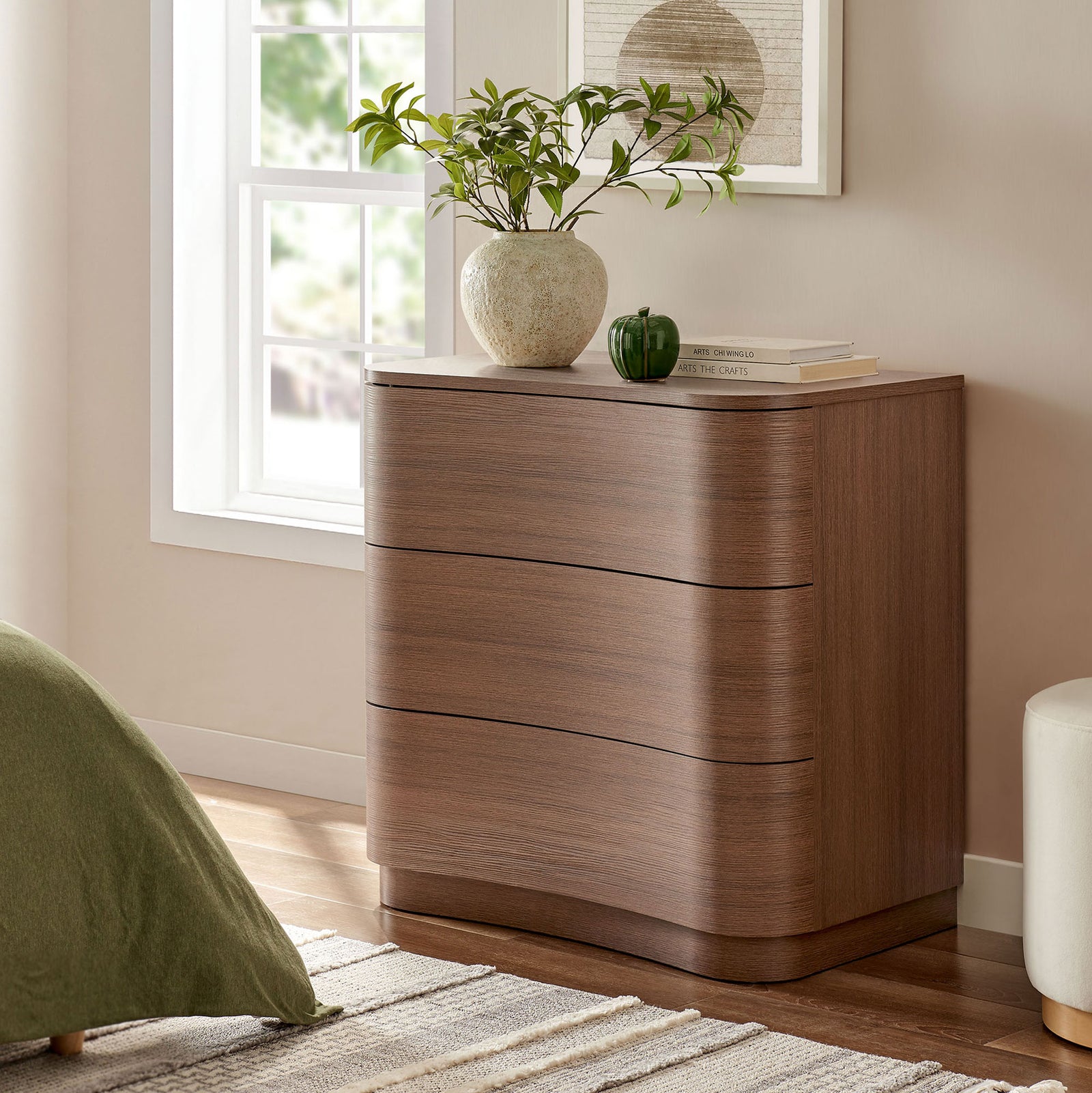 Mirae dresser styled in a cozy bedroom with decor accents, natural light, and warm wood tones || MOD-7230-BBO || front_angle_room