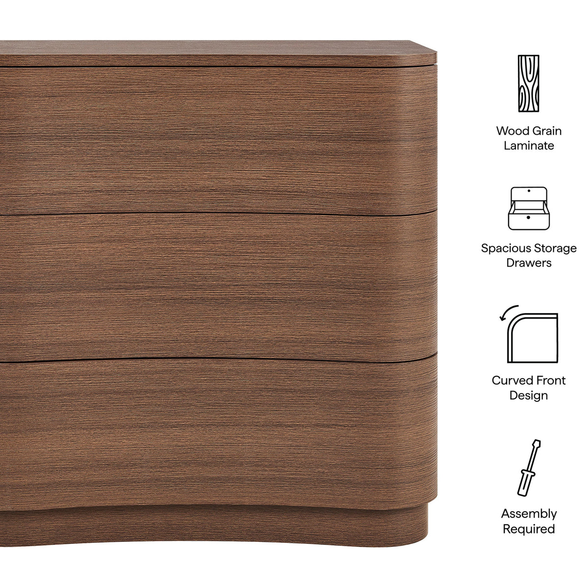 Feature overview of the Mirae dresser emphasizing wood grain laminate, curved fronts, and storage drawers || MOD-7230-BBO || callout_studio