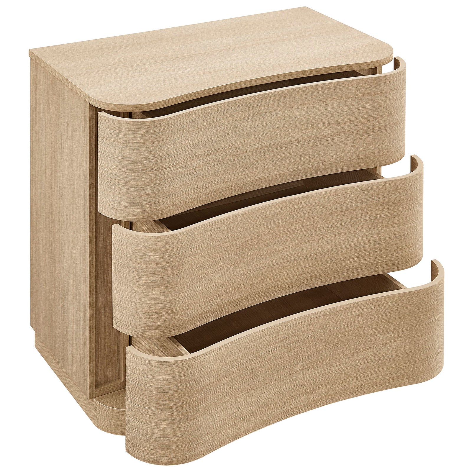Three spacious curved drawers glide open to reveal generous storage in this compact light oak dresser || MOD-7230-BOA || front_angle_open_studio
