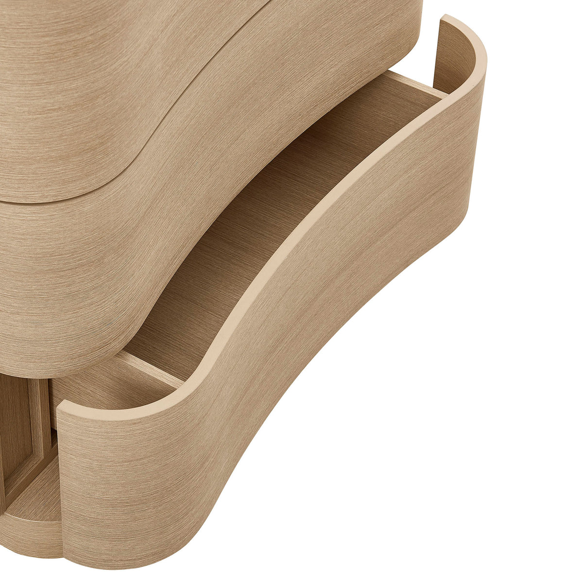 Open lower drawer shows divided storage compartments lined in matching wood grain for organized essentials || MOD-7230-BOA || storage_open_studio